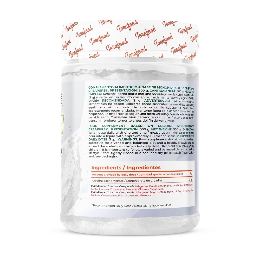 Creatina Monohidrato Creapure en Polvo | 500G | Sabor Neutro | Aumento de Masa Muscular y Resistencia | Gran Solubilidad | 100% Vegana | Torafood