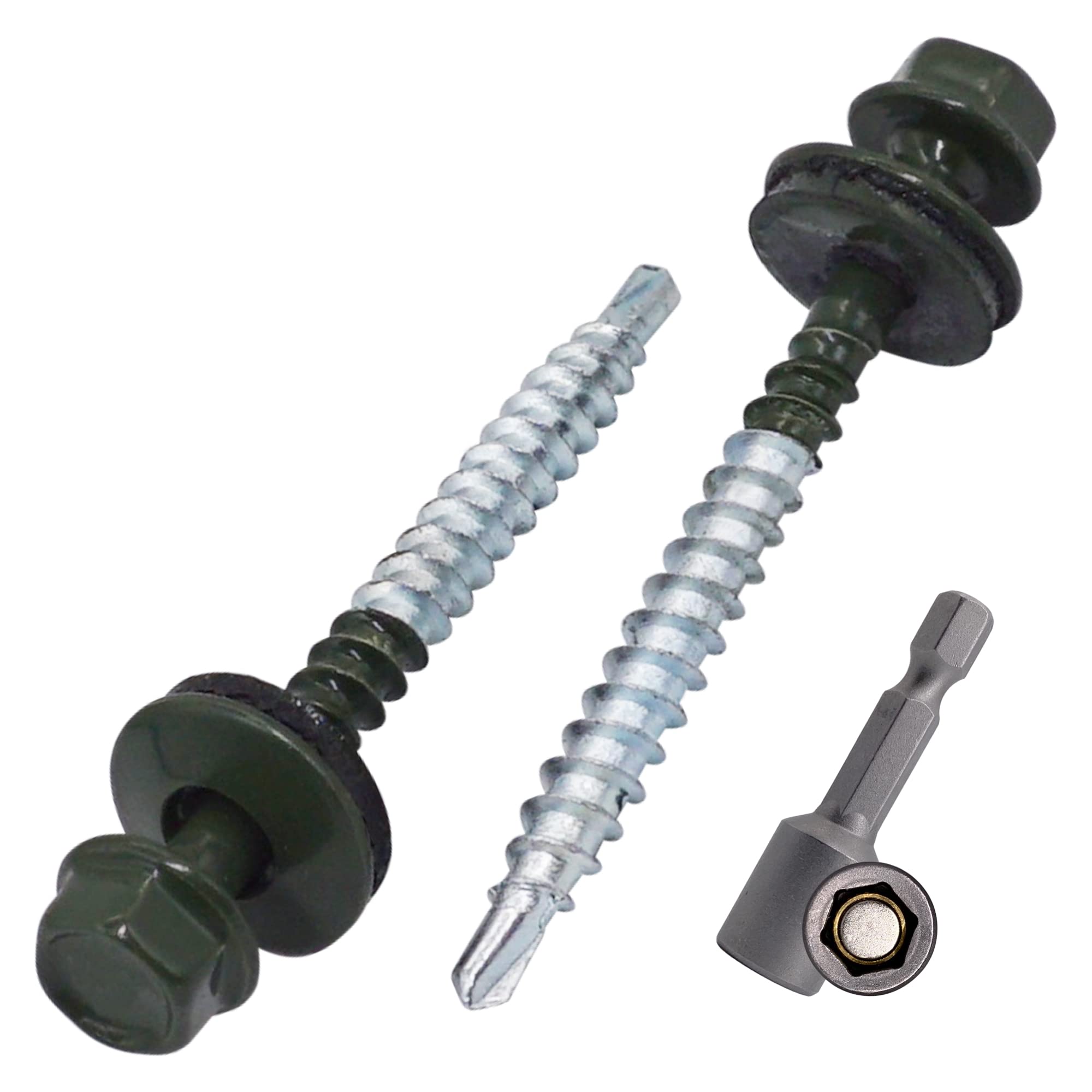 SKIR'CO (150 pcs) Painted Roofing Screws, 4.8 x 50 mm Self-Drilling Screws With EPDM Washers, Hex Head (Chrome Green, RAL 6020)