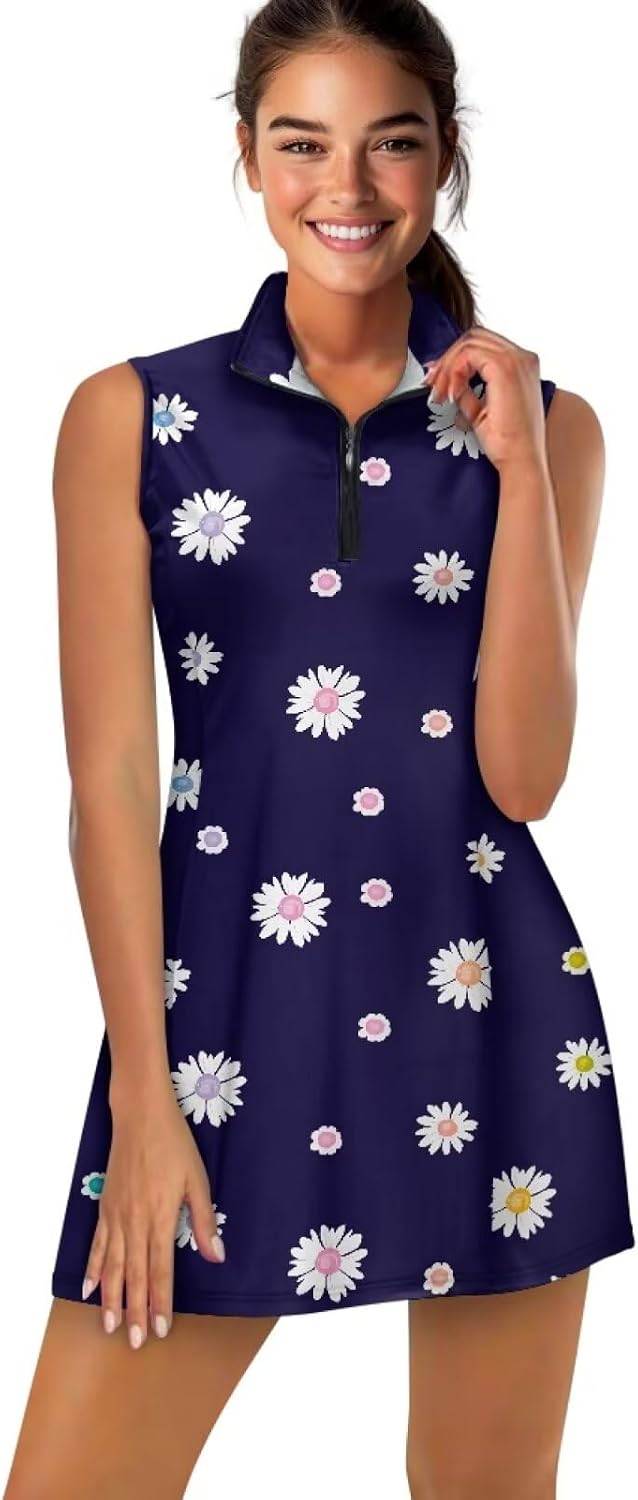 Golf Tennis Dress with Zippered Pockets,Stand-up Collar Design,Suitable for Women.Plus-Size Sleeveless Fitness Style.