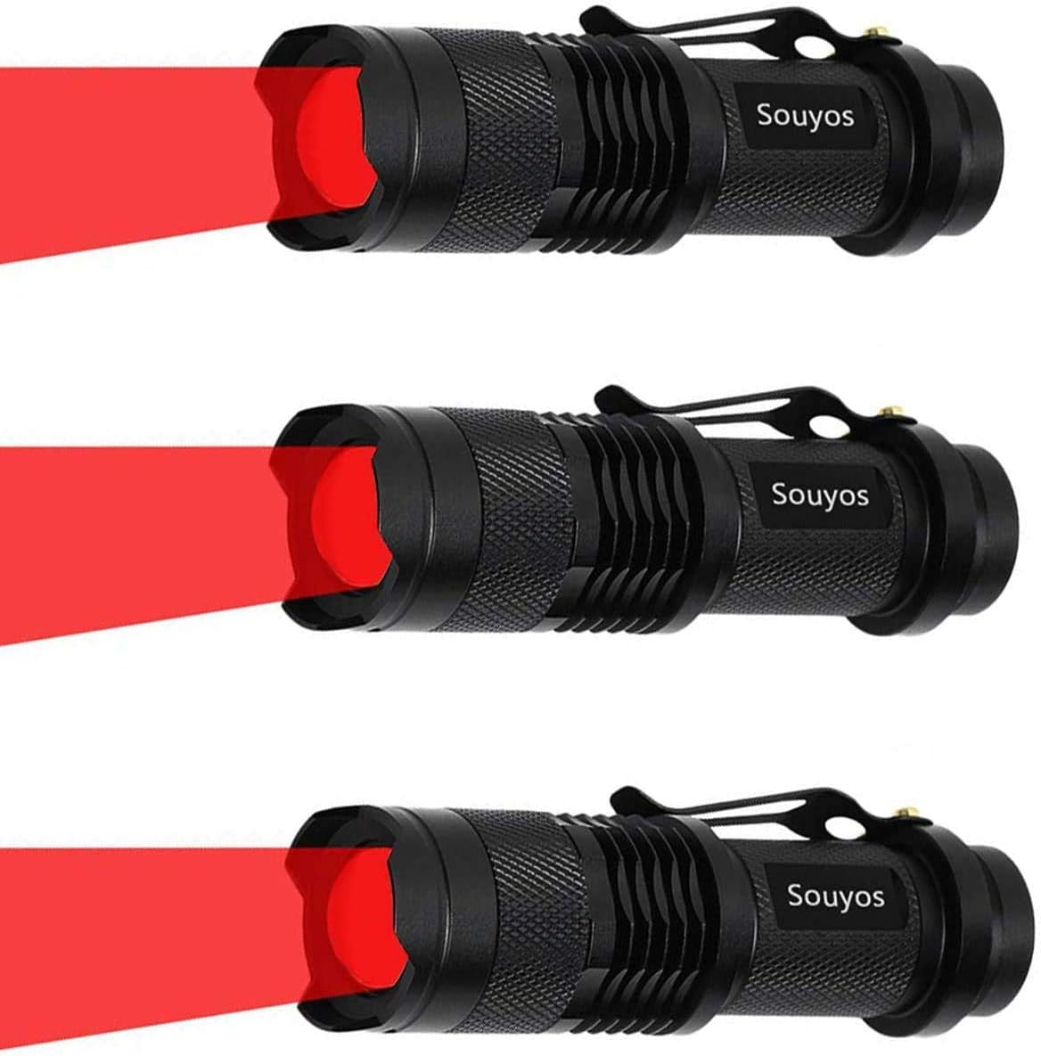 3 Pack Zoomable Long Range Red Hunting Light Flashlight Torch with Clip for Hunting, Detection, Night Observation - Black