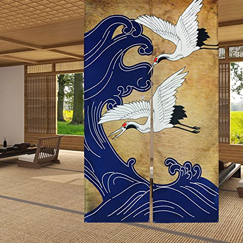 LIGICKY Rideau de Porte Japonais rétro en Lin Blanc avec Grue Bleue et Vagues imprimées asiatiques, pour sushis, Cuisine, décoration de Maison, 85 cm de...