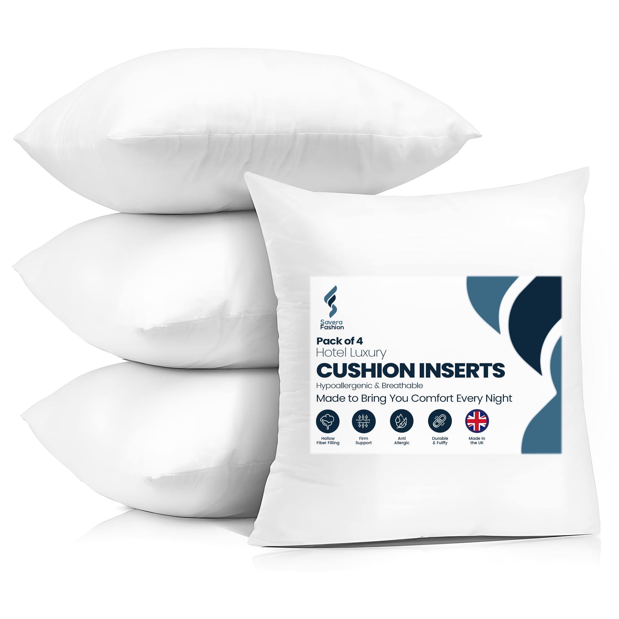 Savera Fashion Cushion Inserts 4 Pack – 45x45 cm Plump Cushion Pads – Soft Hollowfibre Cushion Inners for Sofa Bed Chair – Hypoallergenic Machine Washable Square Cushions