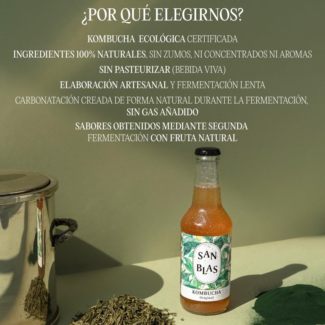 San Blas® Kombucha Ecologica Sin Azucar | Pack 12 Botellas x 250 ml | Kombucha Natural Sin Pasteurizar 4 Sabores | Bebida Viva de Té Fermentado Artesanal con Probióticos Naturales