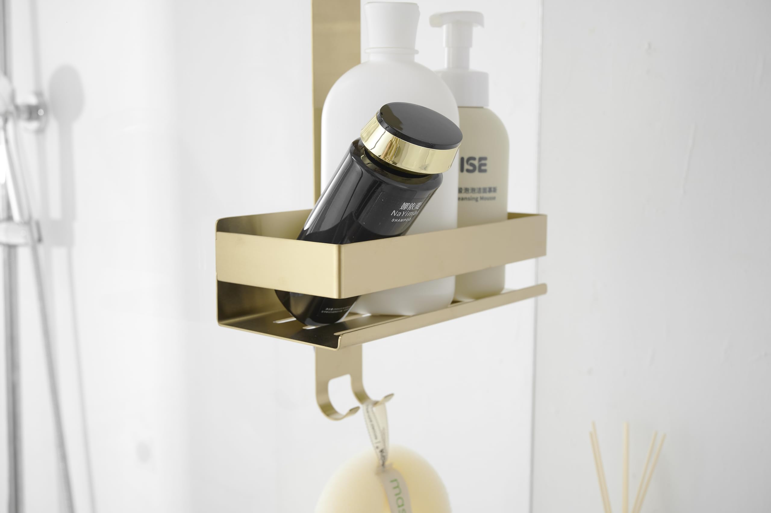 Mensola doccia da appendere oro senza foratura, gancio in acciaio inox per porta in vetro senza cornice, supporto shampoo