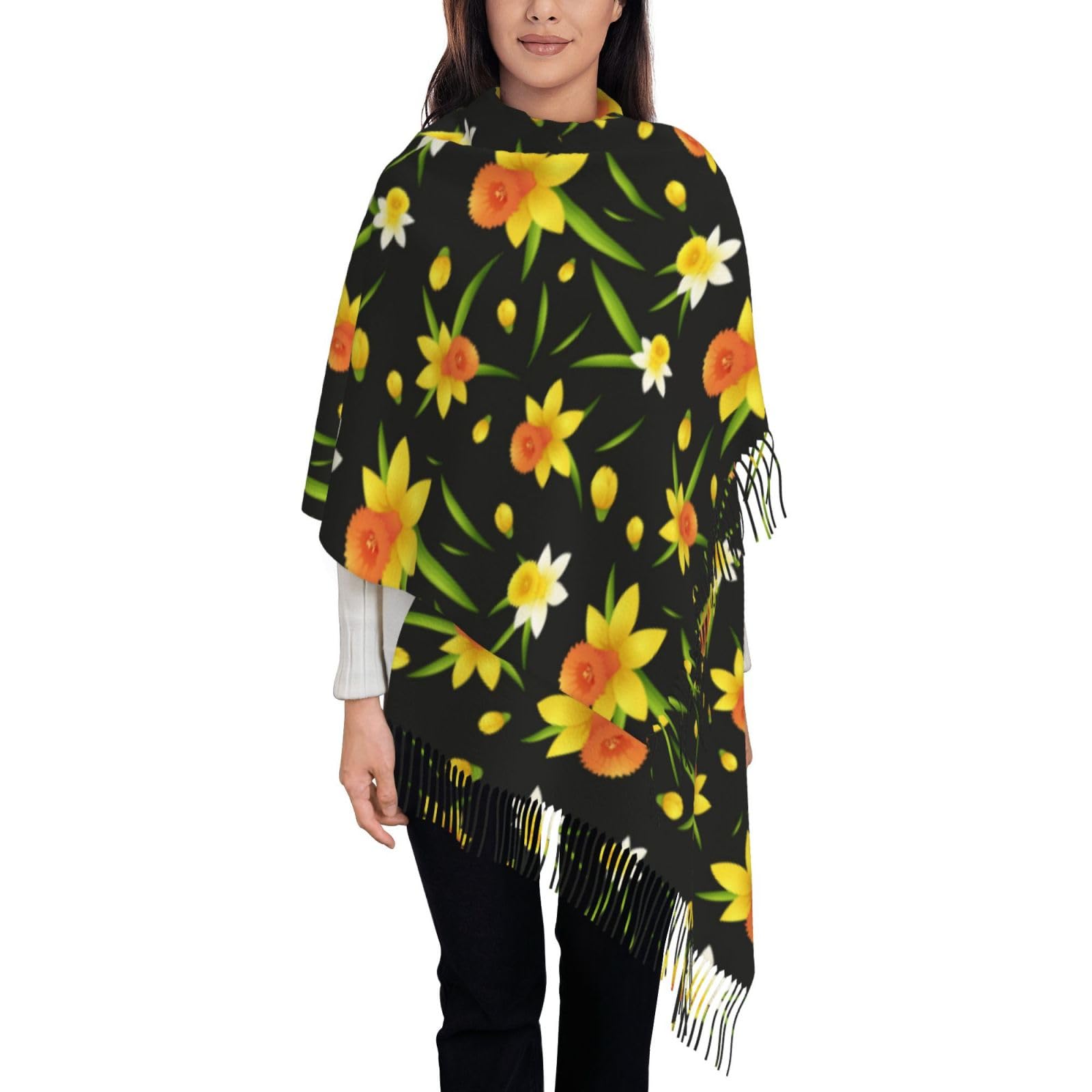VhoMes Scarf Seamless Background Design With Daffodil Flowers Tassel Shawl,Warm Fringe Scarf Luxurious Ladies' Wrap,For All Seasons 72 X197 CM