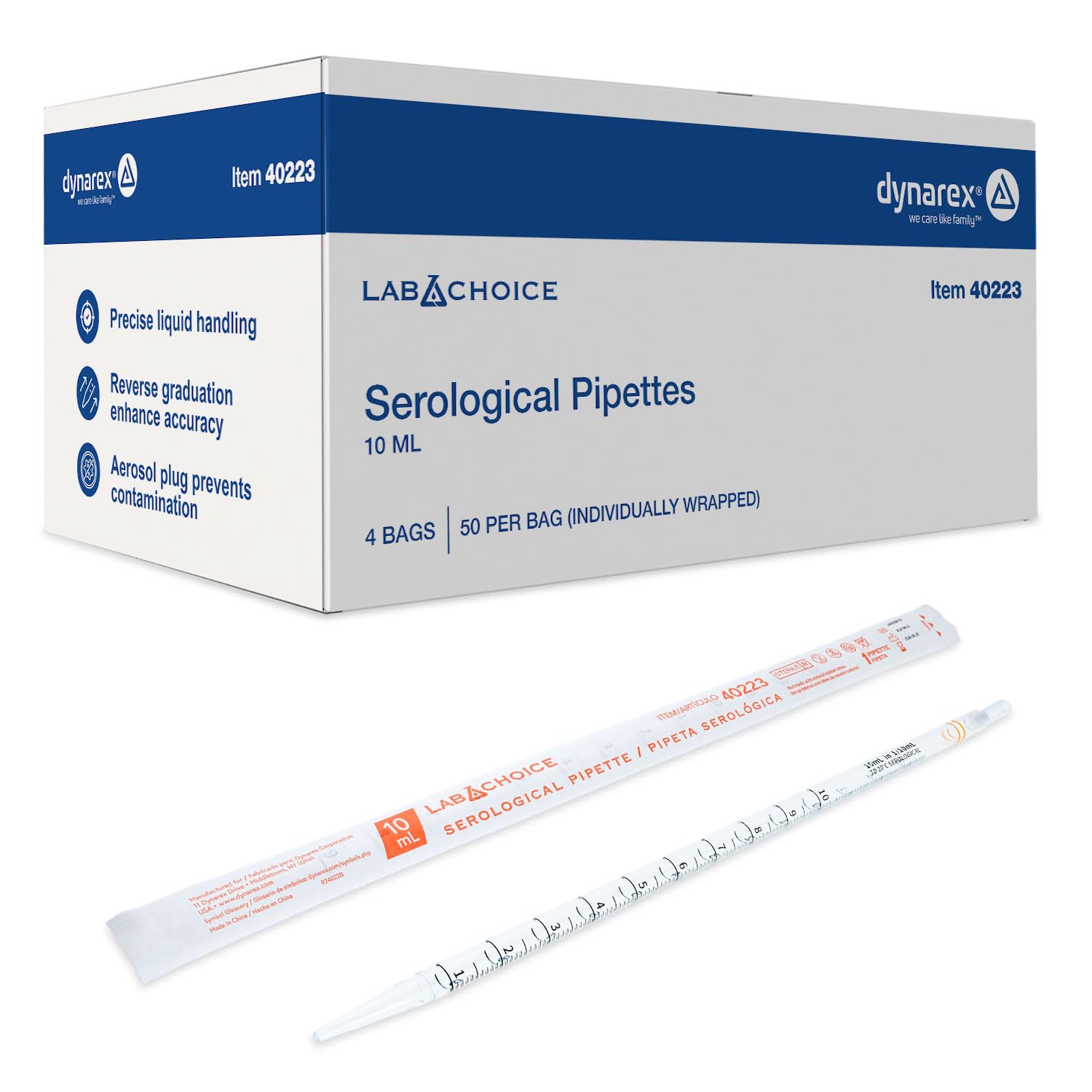 LabChoice Serological Pipettes - 200 Count - Plastic Disposable Sterile Pipettes, Individually Packed Graduated Transfer Pipette for Laboratory Use - 10mL, Orange