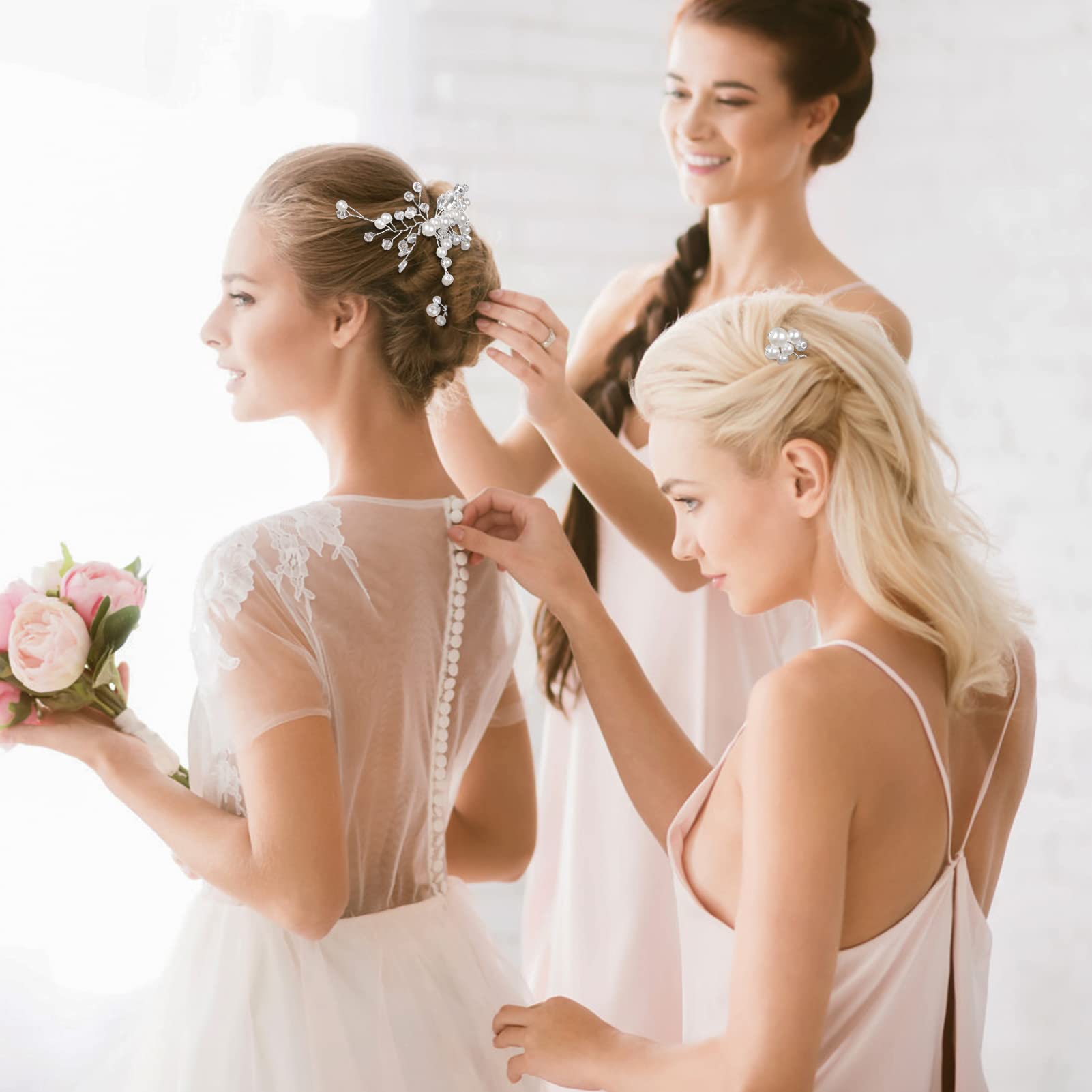 MELLIEX Peine para el Cabello de Novia, Horquillas Pelo Boda de Diamantes de Imitación y Perlas Artificiales Tocado de Novia, Plata