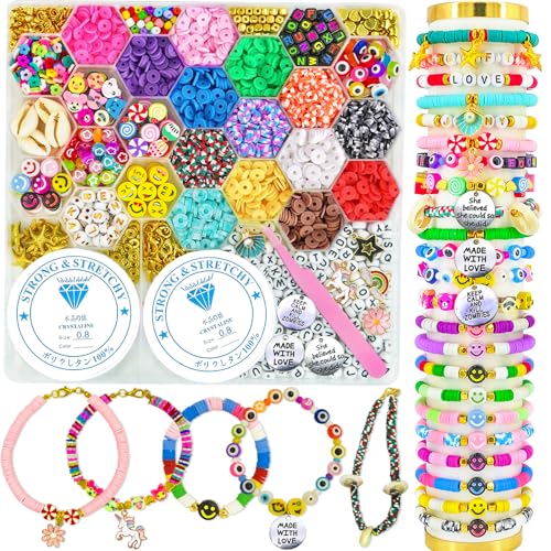 Flat Clay Beads Bracelet Making Kit Jewelry Making Kit for Beginner, 6mm Flat Polymer Heishi Beads Letter Bead Friendship Bracelet Beads DIY Arts and Crafts Kit, Gifts Toys for Girls Age 6-12 (3000+)
