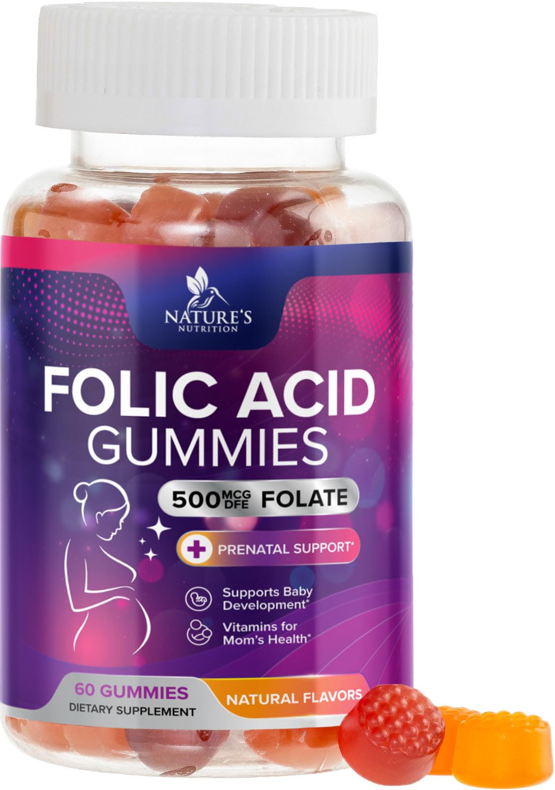 Folic Acid Gummies - Essential Prenatal Vitamins for Women - Daily Folate Vitamin B9 Supplement for Mom & Baby Development Support - Before, During & After Pregnancy, Gluten Free, Vegan - 60 Gummies 60 Count (Pack of 1)