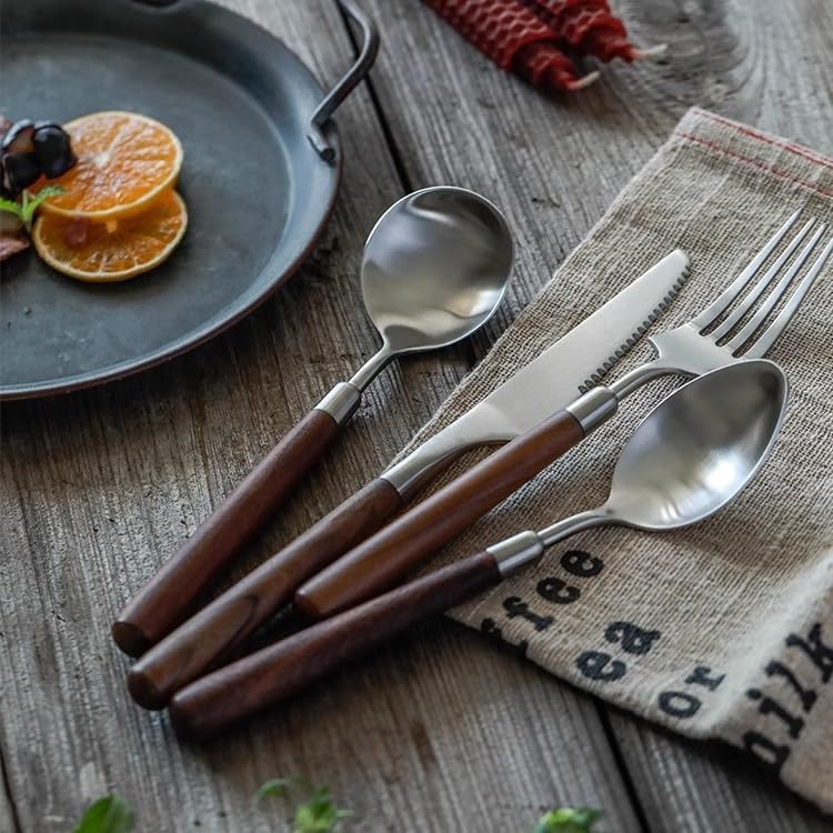 Walnut Wooden Silverware Set Flatware Set for 4 Exquisite Ergonomic Wood Handle Utensil Sets 18 10 Stainless Steel Cutlery Sets Include Fork Knife Spoon Matte Tableware,Dishwasher Safe