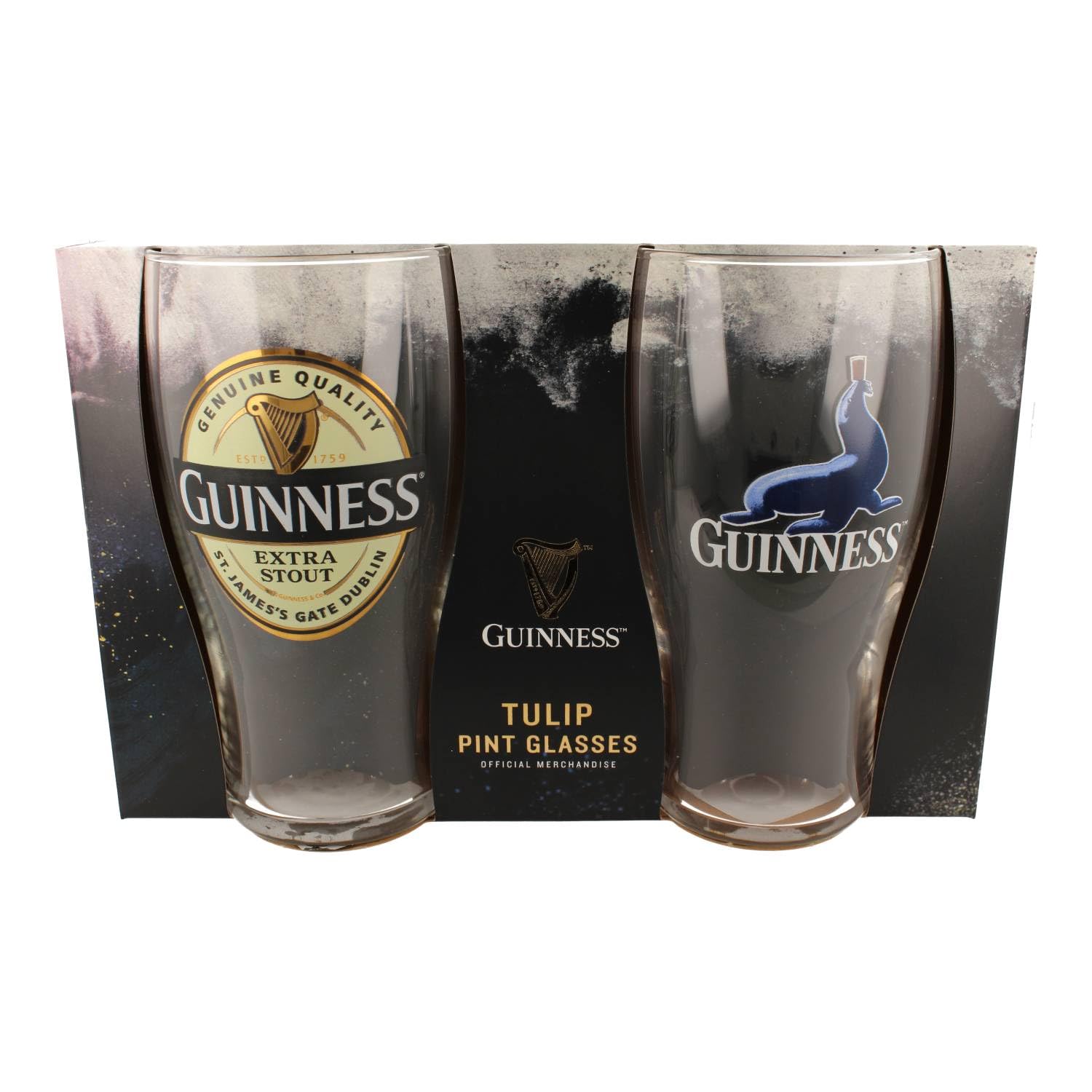 Guinness Official Pint Glass Gift Set – Extra Stout & Seal – Black Sleeve Edition – Set of 2 Pint Glasses