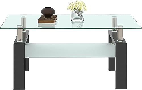 Morden Design - Mesa auxiliar rectangular de cristal para sala de estar, con patas de metal negro, vidrio templado transparente