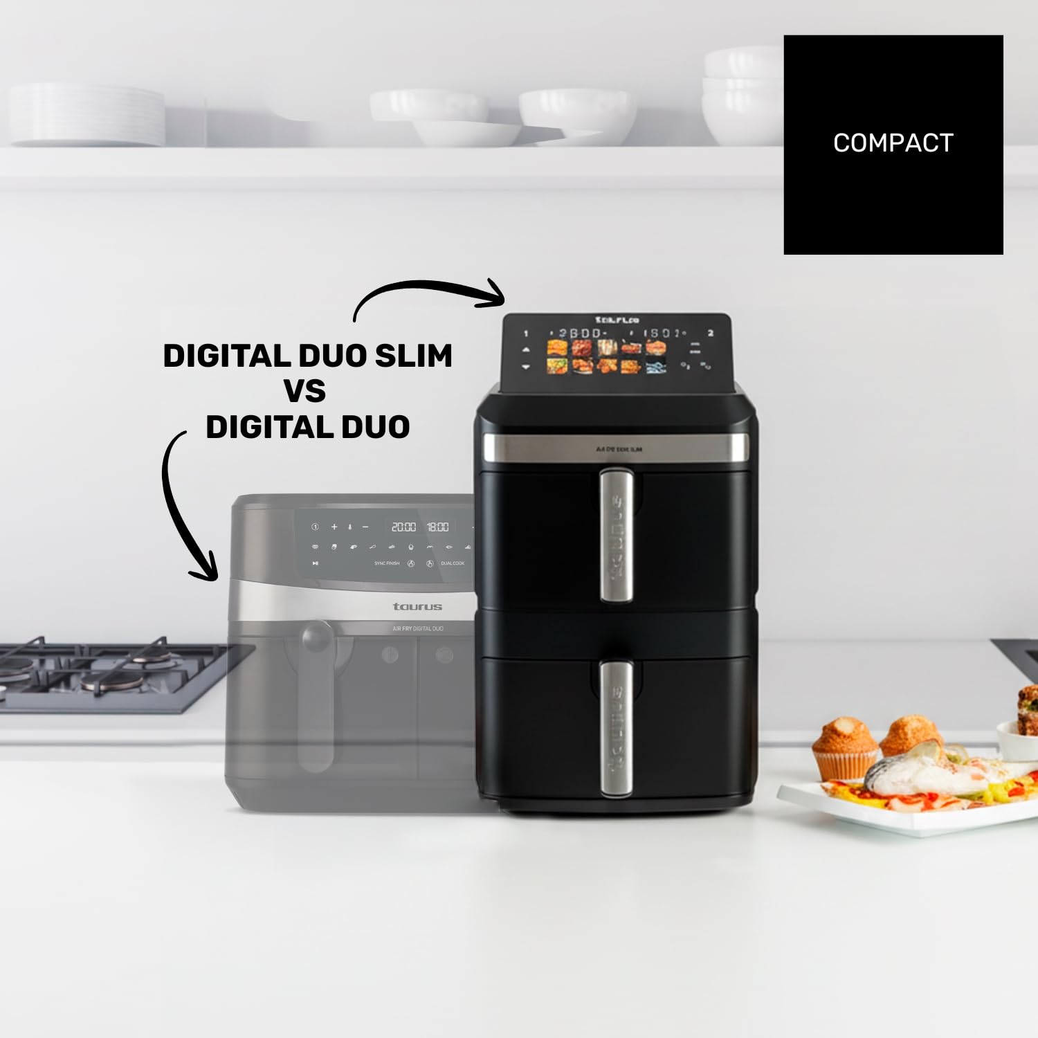 Taurus Friteuse sans huile Duo Slim | 13 L | 14 personnes | 2 paniers | Cuit 2 assiettes en même temps | 10 programmes | Minuterie 90 min | Compact | Écran tactile numérique