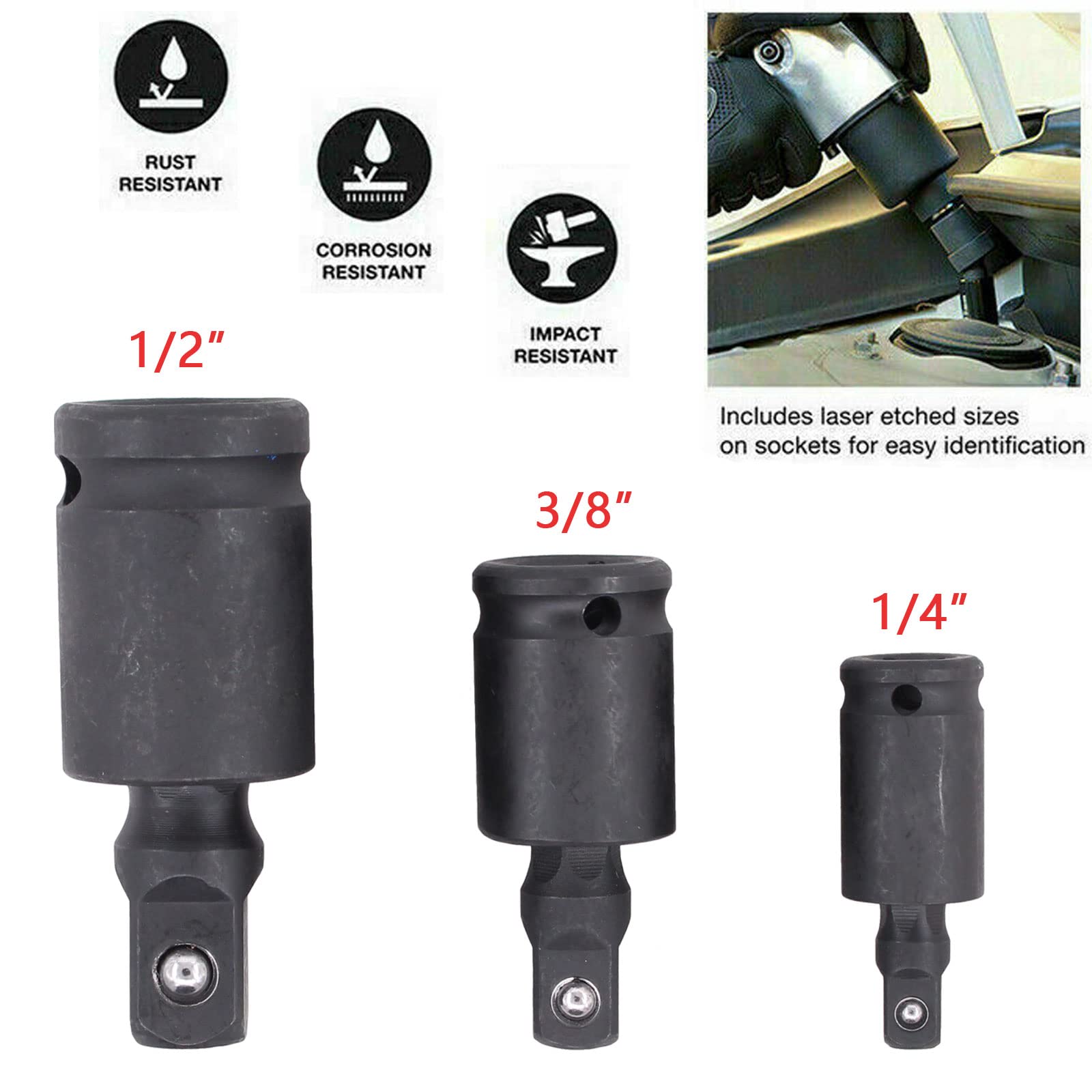 Doo Engy Kraft Kugelgelenk 1/2 1/4 3/8 Gelenksatz Gelenk Adapter Schlagschrauber Kardangelenk Nuss für Hand- und Schlagschrauberbetrieb mit Aufnahme für Arretierstift und Gummiring