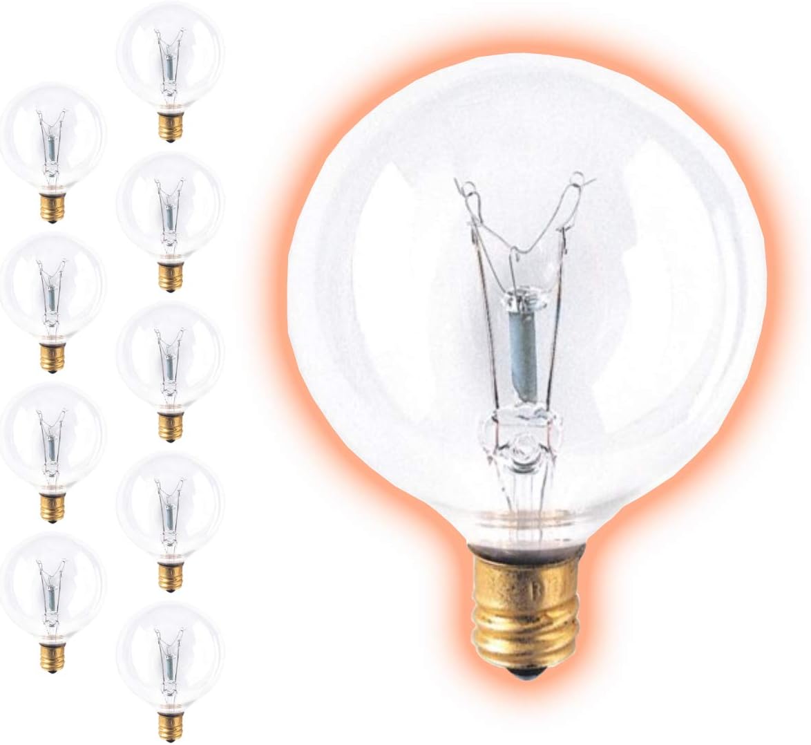 GoodBulb 15 Watt G16 Globe Incandescent Light Bulbs Clear Finish Candelabra E12 Base 2700K Soft White Light Color Dimmable 15W 200 Lumens Pack of 10 Bulbs