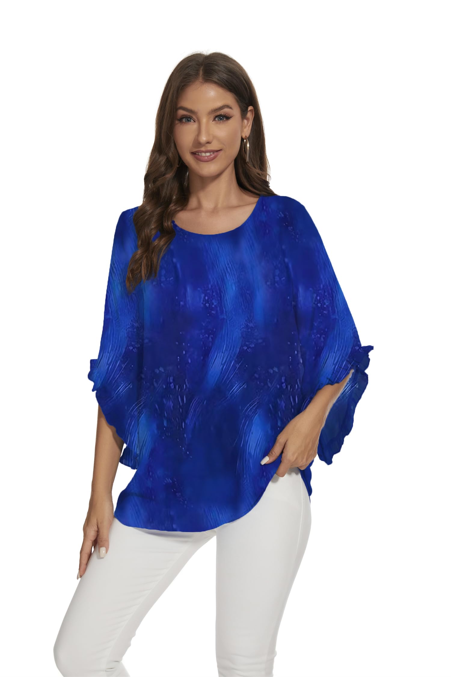 Womens Blouses Floral Printed 3 4 Batwing Sleeve Shirt Crew Neck Double Layered Chiffon Loose Tops