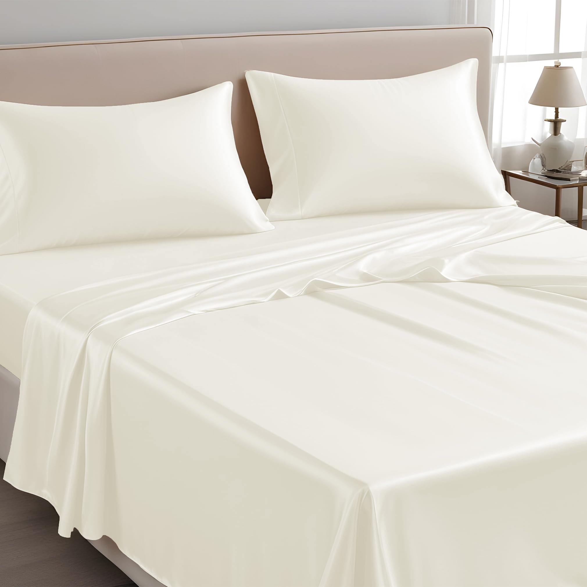 LINENWALAS Lenzuolo piano SuperKing solamente, 100% Tencel seta morbida rinfrescante lenzuolo superiore Lyocell biancheria da letto perfetta per capelli e pelle 300 x 275 cm (avorio, SuperKing)
