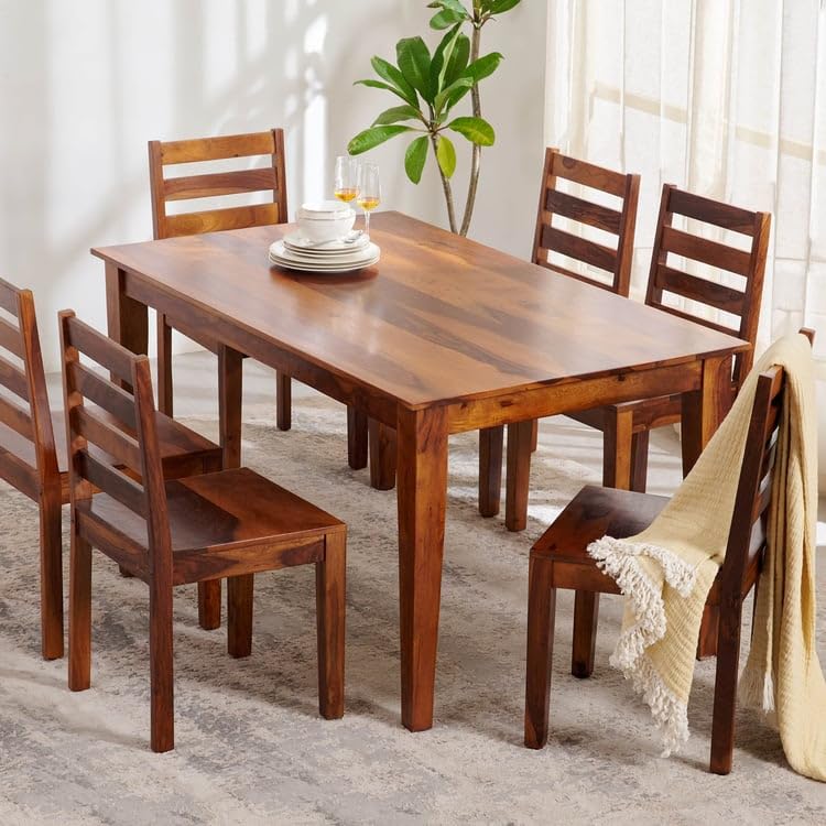 Image of Sheesham Wood 6 Seater Dining Table with Chairs | Wooden Dining Set for Home | Modern Dining Room Set Hotels Restaurant & Cafe
