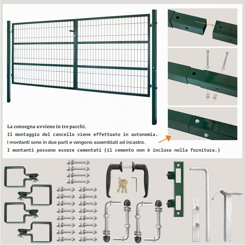 Cancello da Giardino, 300 x 140 cm, Doppia Anta in Metallo, Porta da Giardino per Asta e Recinzione, con Serratura, Include paletti, Verde