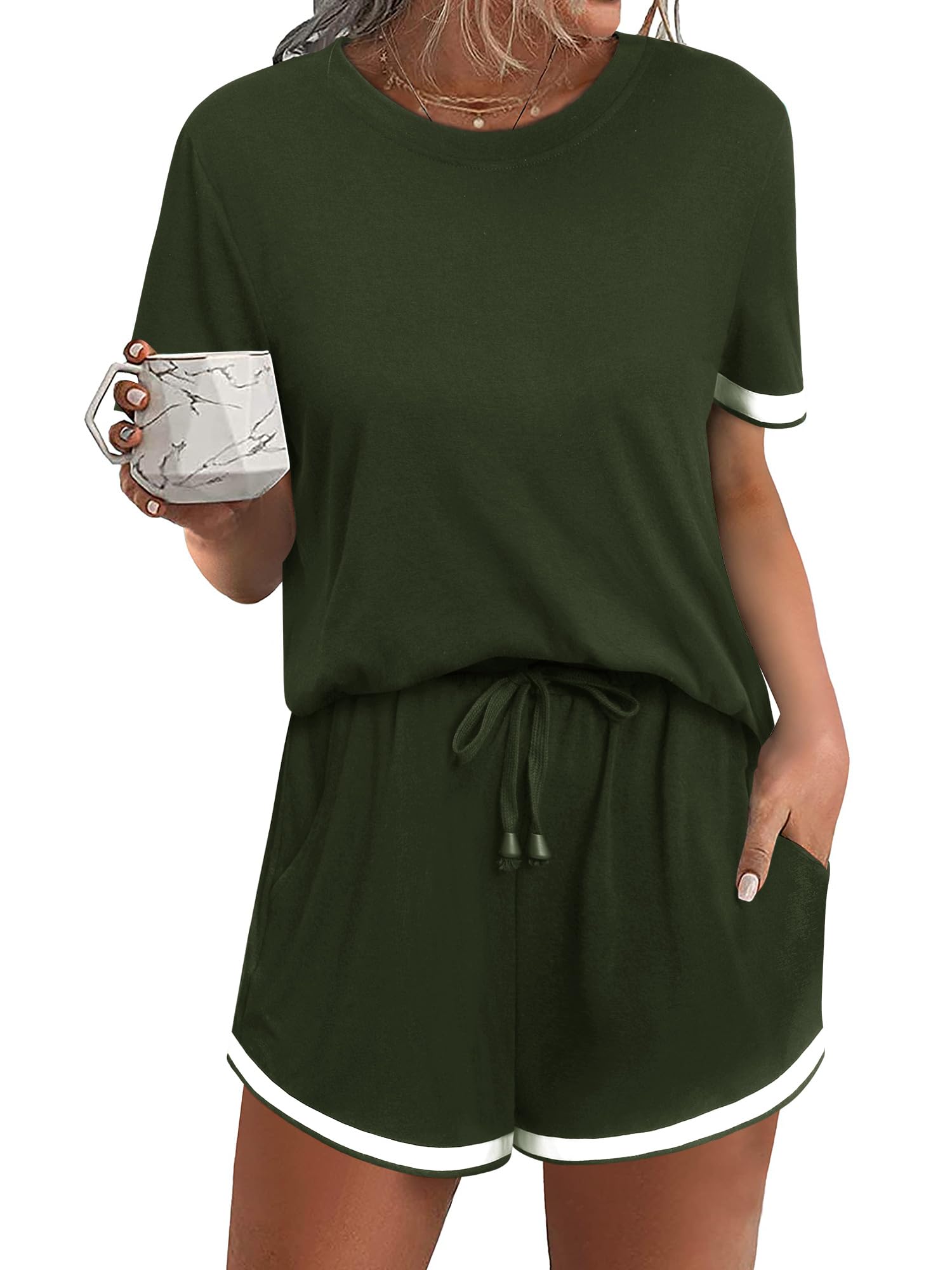 MYMOREWomen's Color Block Ringer Shorts Romper Back Zipper Drawstring Jumpsuit Rompers Beach Vacation Outfits with Pockets