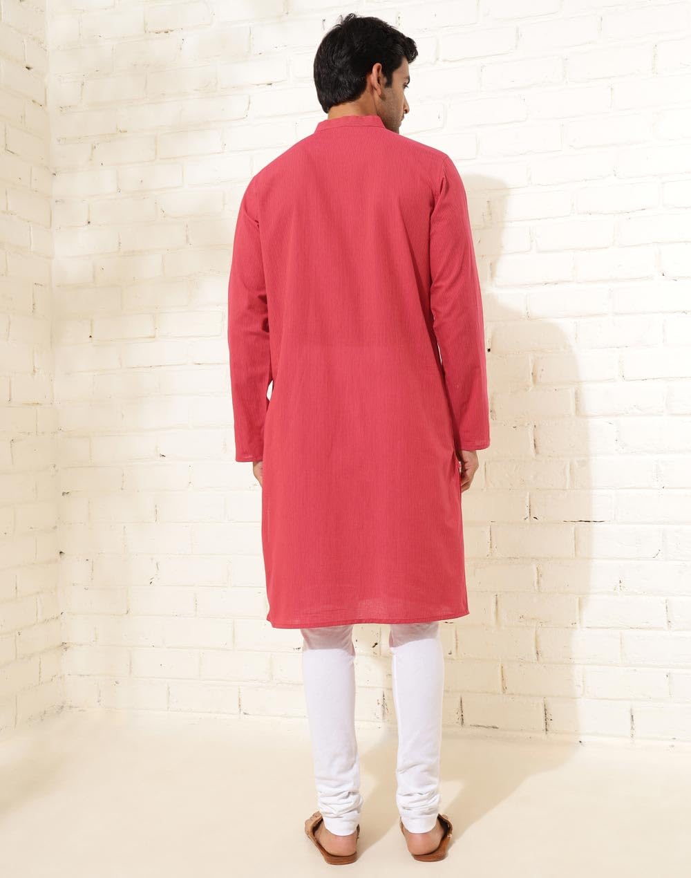 Fabindia Men's Cotton Striped Slim Long Kurta (1038422Pink_Pink