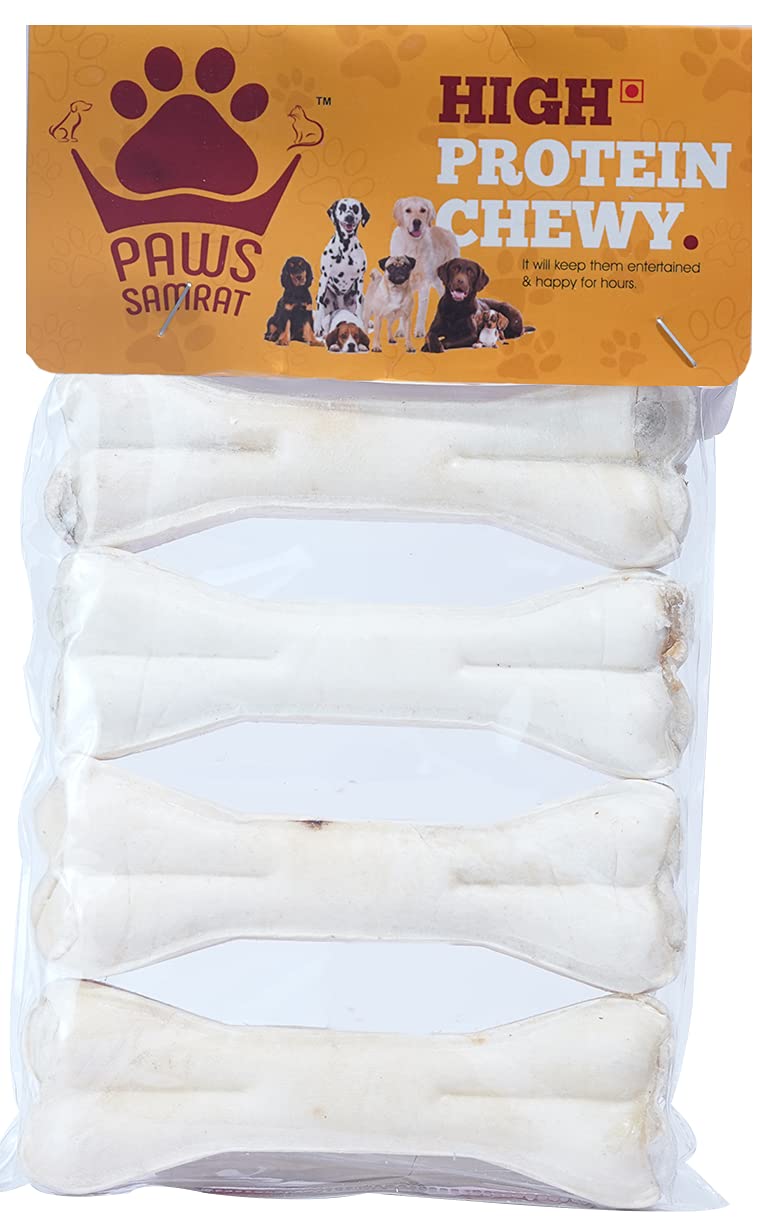 Paws Samrat Dogs High Protein Chewing Bones || Pressed Chew Bones & Highly Digestible Dog Treats for Healthy Teeth & Gums Exercise (4 Inch) Pack of 4 Bones (B092DPSM9R) Amazon Price History, Amazon Price Tracker