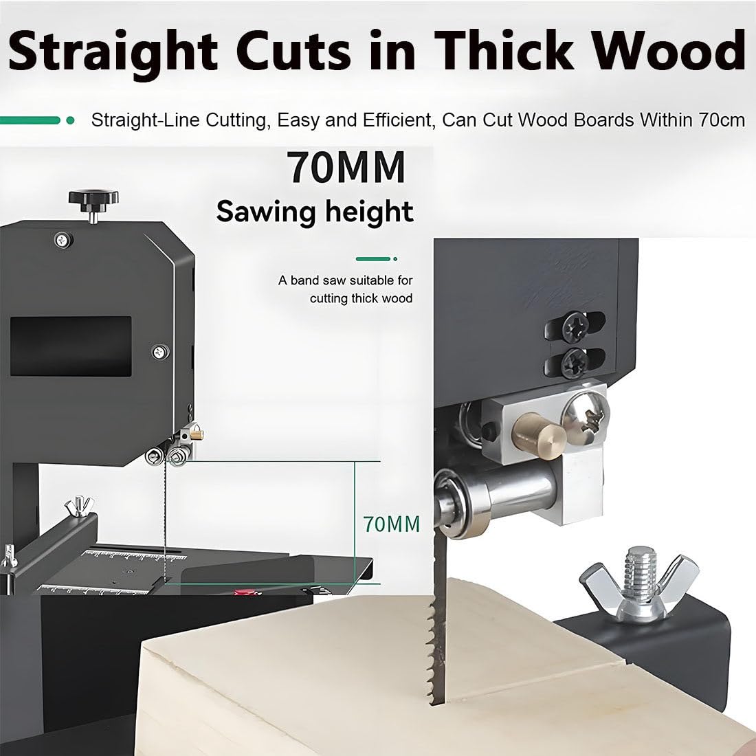 Piła Taśmowa Stołowa DIY O Mocy 800W,Głębokość Cięcia Drewna I Akrylu 70 Mm,Prześwit 90 Mm,Cięcie Pod Kątem 0–45°,Kompaktowa Konstrukcja (460 X 350 X 275 Mm),W Zestawie 2 Ostrza