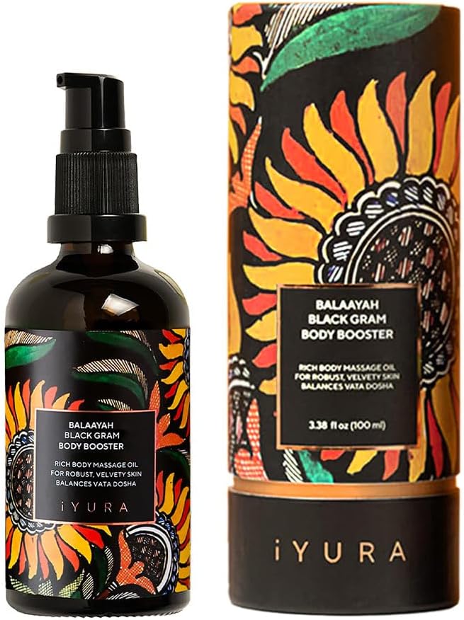 iYURA Balaayah Black Gram Body Booster Oil | Ayurvedic Massage & Moisturizing Body Oil | Indulging aroma of Vanilla & Frankincense | Luxurious, Fast-Absorbing & Non-Sticky | 3.38 fl oz