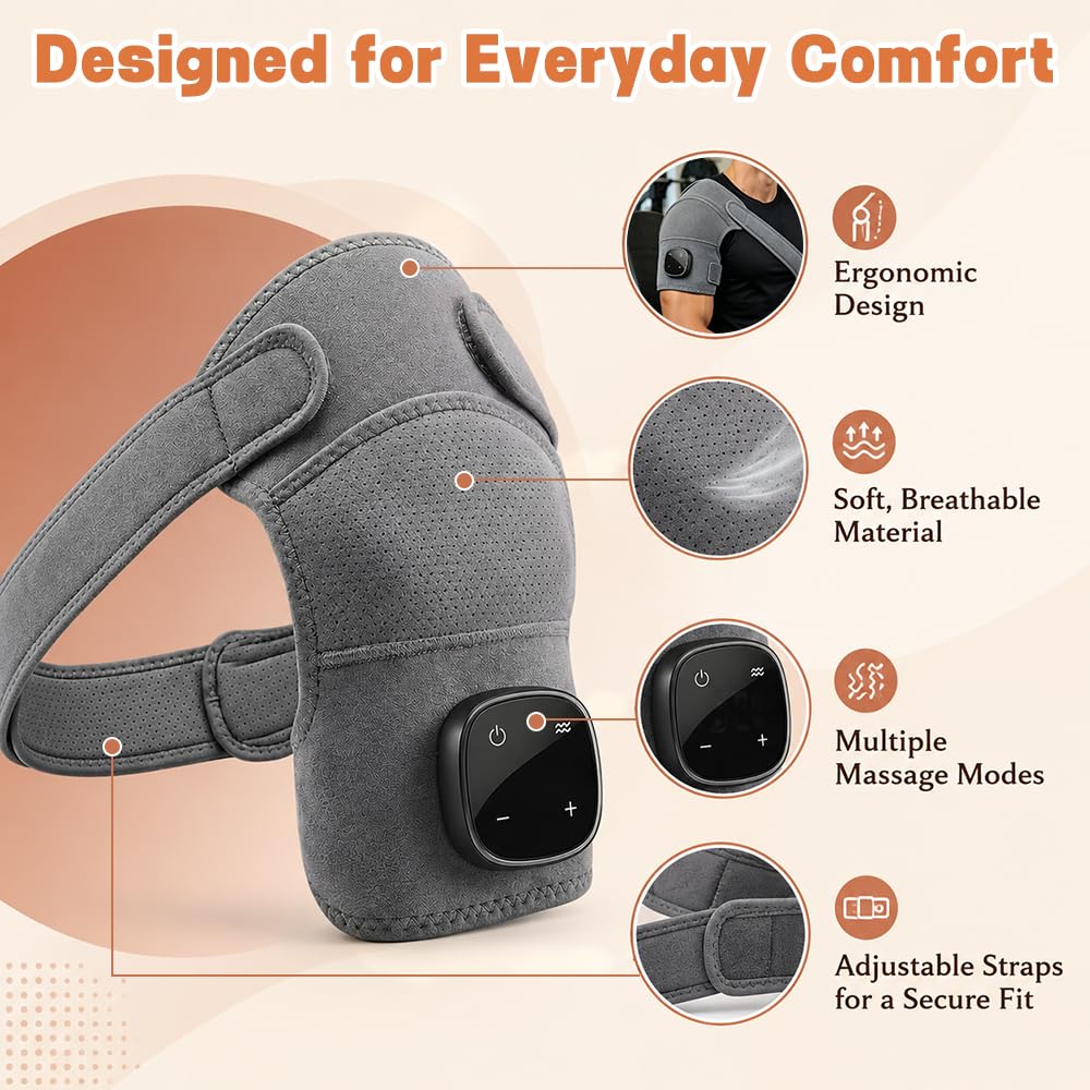 Masseur d'Épaule Sans Fil 5 Niveaux de Chauffage 3 Modes de Vibration Écran Tactile Design Ajustable Portable Gris