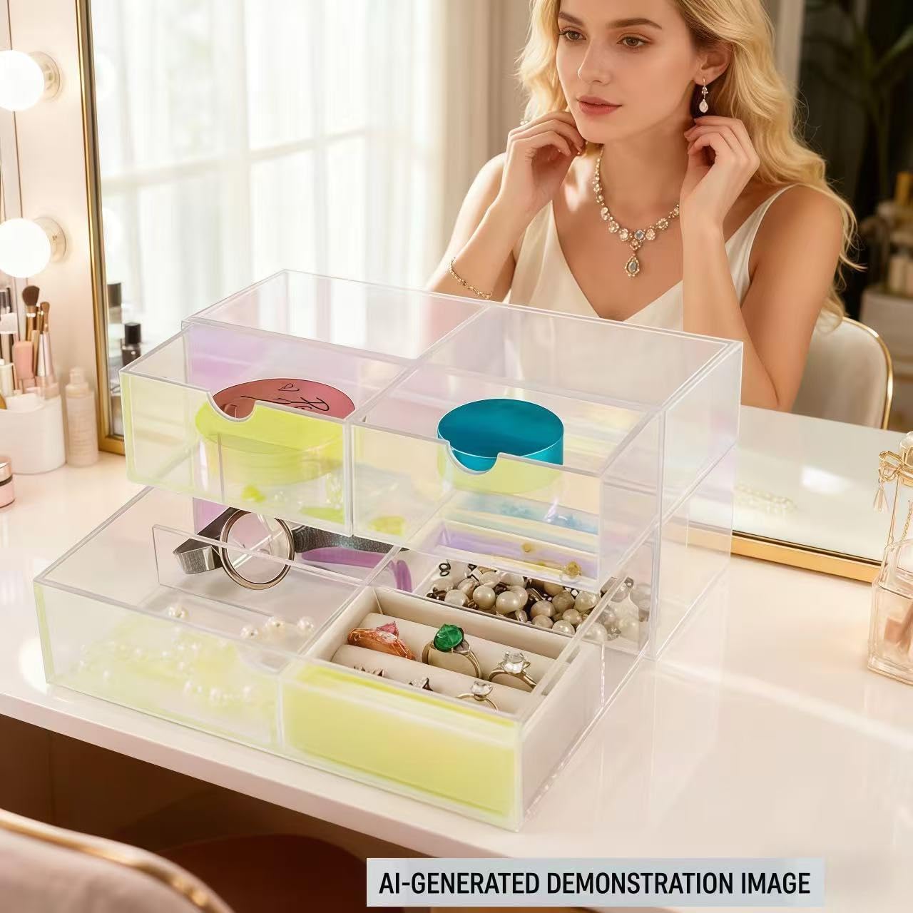 AZY Rainbow Acrylic Earring Organizer 2-Tier 3-Drawer with 6 Compartments, Multi-Purpose Vanity Countertop Organizer, Velvet Jewelry Tray for Rings, Necklaces, Makeup & Small Accessories