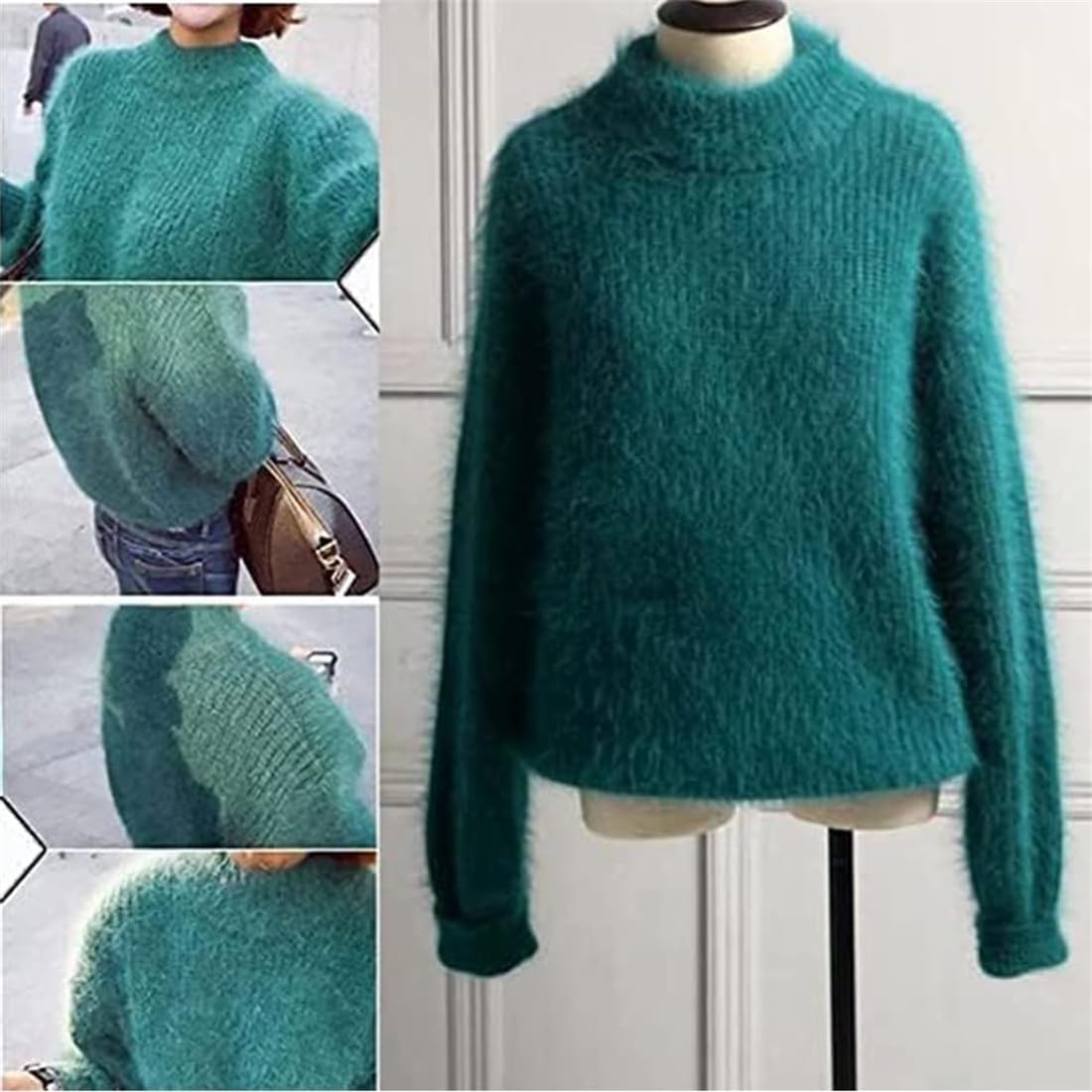 Suéter cálido y suelto de mezcla de cachemira Angora para mujer, suéter de punto de cuello redondo de color sólido