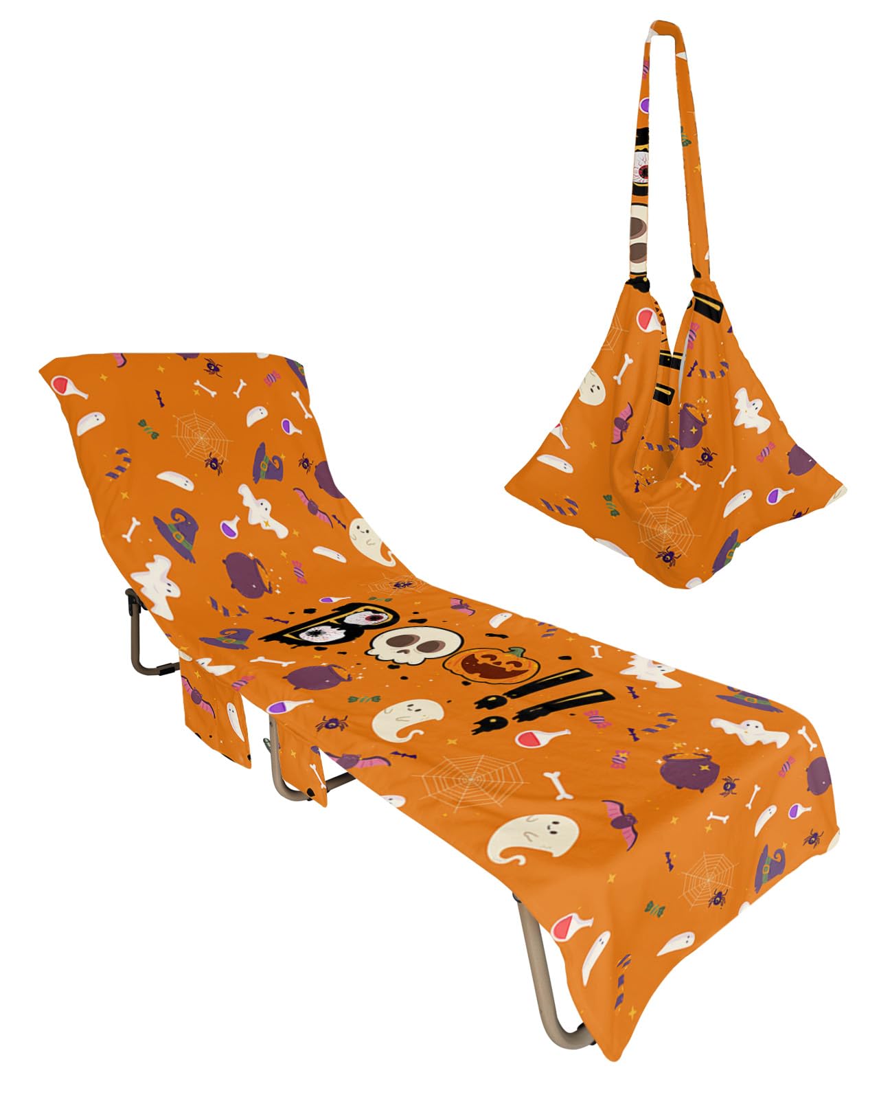 Halloween Beach Lounge Chair Towel Cover, Soft Chaise Lounge Towel with Side Pockets Patio Pool Chairs Cover for Beach/Pool Sunbathing 29x85 Orange Boo Cute Skull Pumpkin Ghost