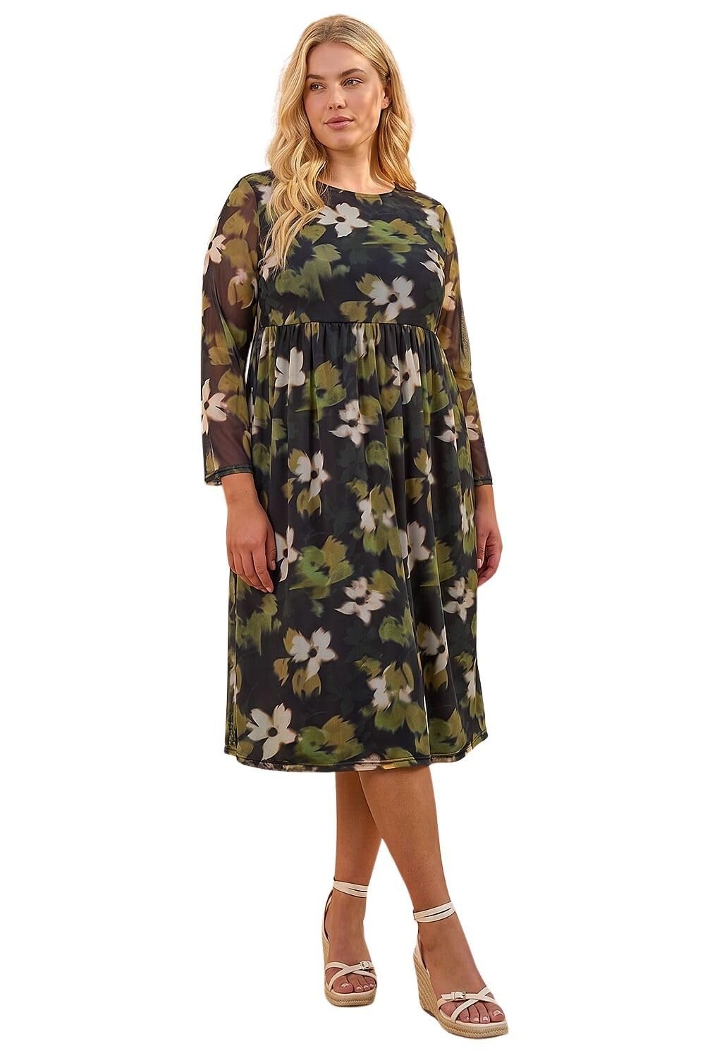 Roman Curve Women's Green Floral Print Mesh Midi Dress Size 26-28