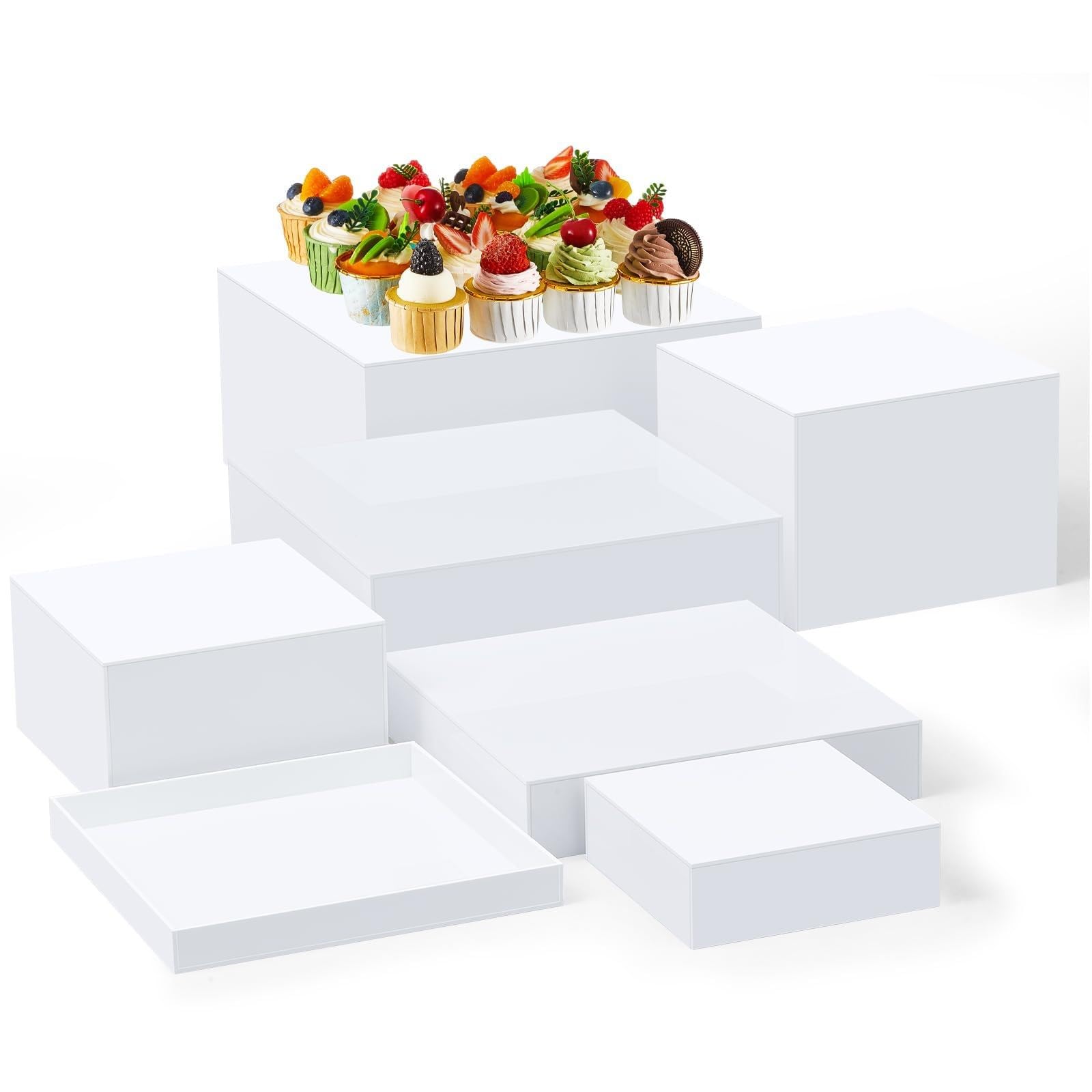 HEYOUTH Set di 7 rialzi grandi per buffet (15-30 cm) in acrilico – Scatole espositive quadrate con fondo cavo per tavoli di dessert, presentazione di alimenti e forniture per catering (White)