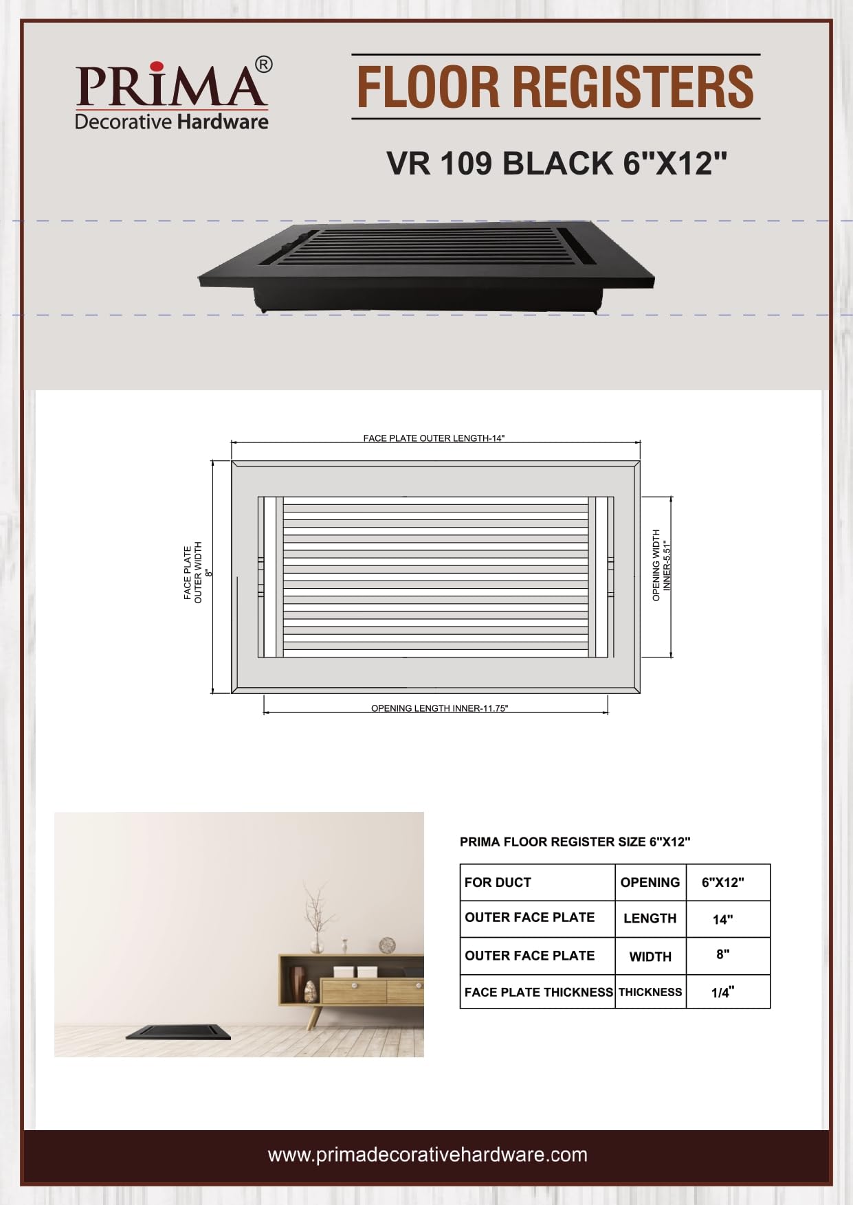 Prima - Registro decorativo de aluminio fundido para piso, tamaño 6 x 12 pulgadas, VR109, color negro (sin agujeros)