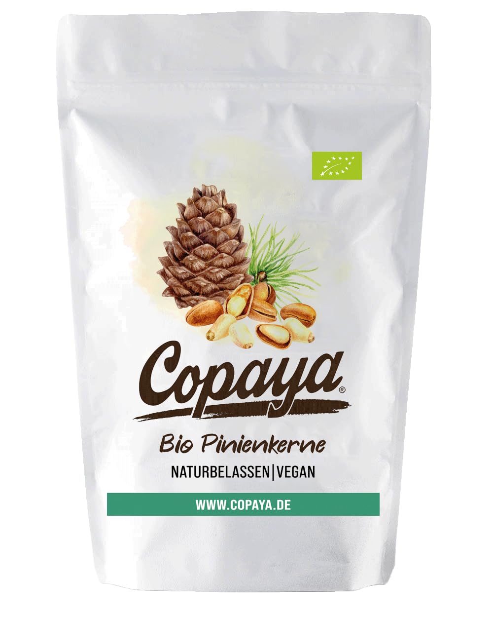 Copaya Bio Pinienkerne naturbelassen aus kontrolliert biologischem Anbau vegan milder nussiger Geschmack ideal für Pesto Salate Pasta und mediterrane Gerichte, vegan, glutenfrei, Bio-Zertifiziert