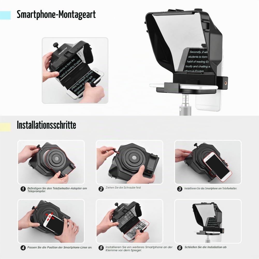 Tragbarer Smartphone Teleprompter Prompter mit Telefonhalter Adapter Fernbedienung für Videoaufnahmen Live Streaming Interview Präsentation Bühnensprache