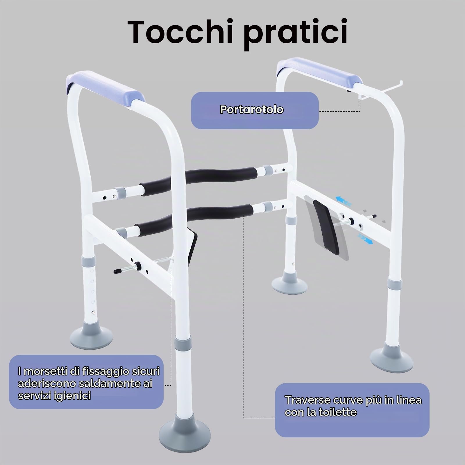 Supporto per WC, supporto per WC con grandi tappetini antiscivolo, regolabile in larghezza e altezza, per anziani disabili