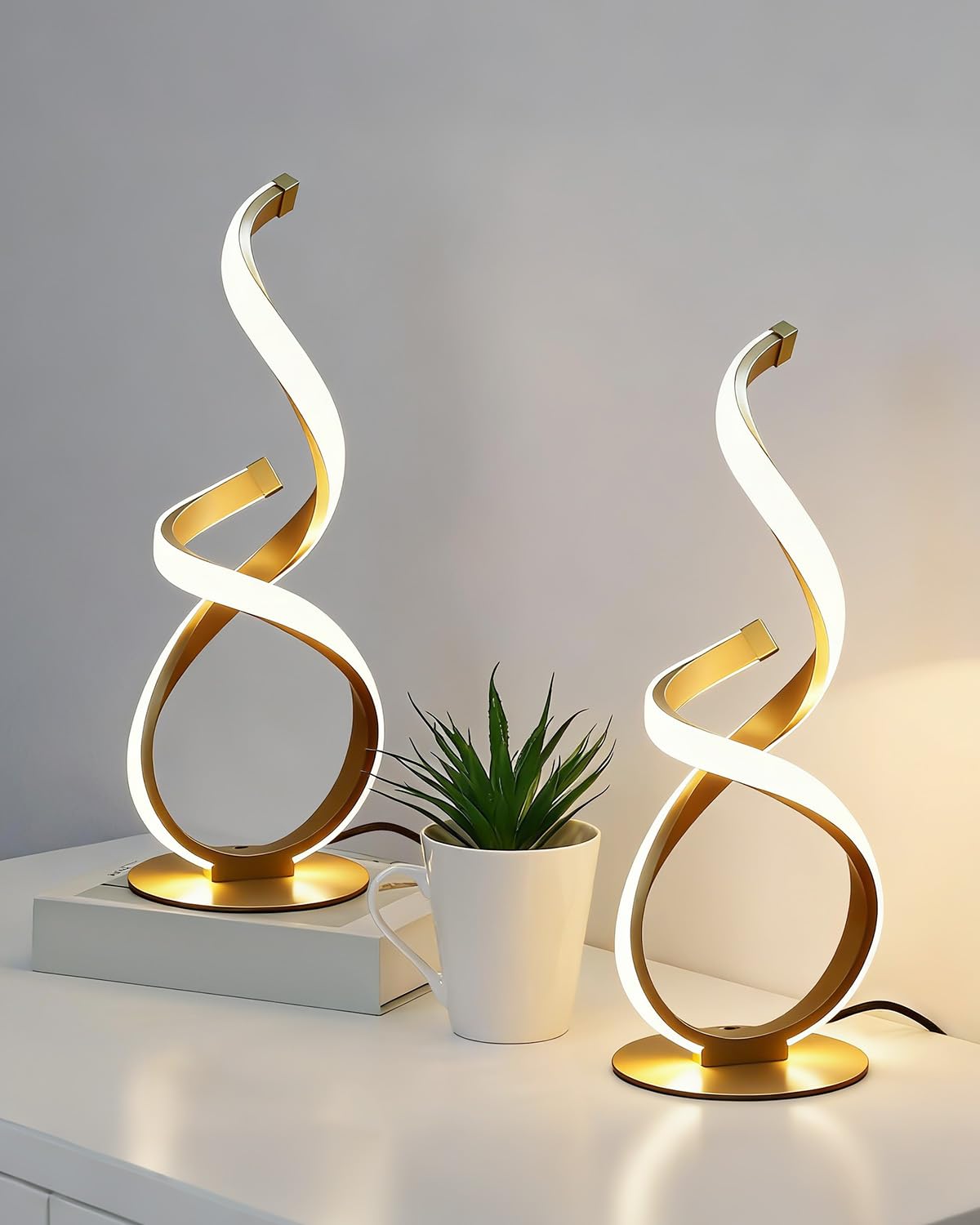 Paquete de 2 lámparas de mesa de noche, lámpara LED de escritorio en espiral, regulable al tacto, temperatura de 3 colores, luz moderna para mesitas de noche, luz lateral única para
