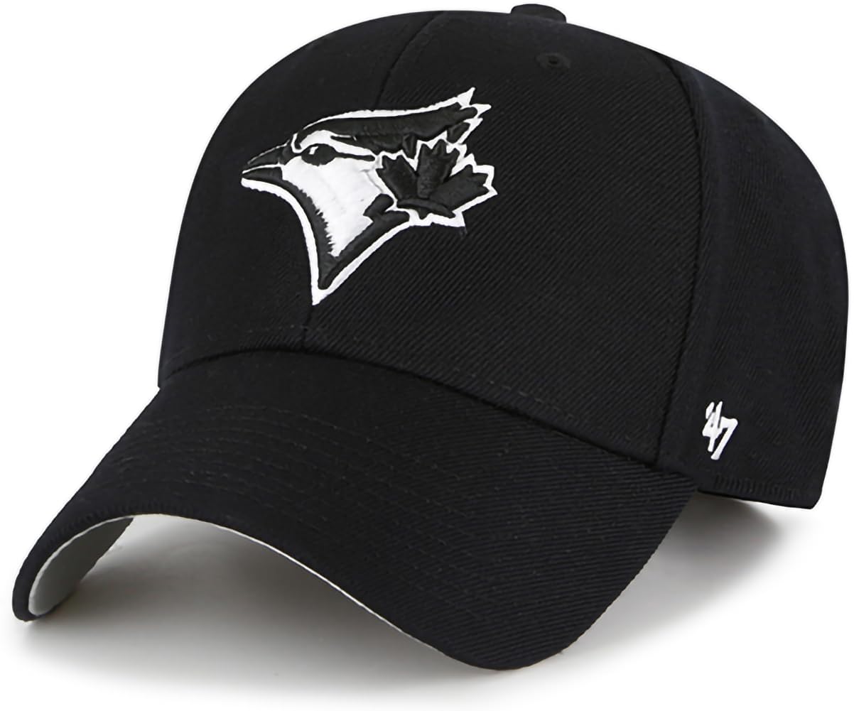 47 Brand MLB Black Whiteout Primary Logo MVP Adjustable Structure Baseball Cap Hat, Adult One Size Fits All, Toronto Blue Jays - Black, One size