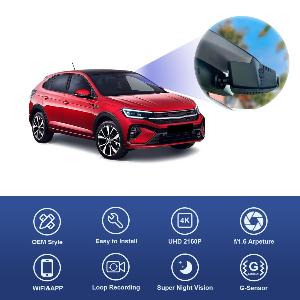 Fitcamx Dashcam 4K Compatibile con Volkswagen VW Taigo 2022 2023 2024 2025 2026 (HD2-6113), OEM, 2160P UHD Video Wifi, Monitoraggio Parcheggio, Sensore G, Registrazione Circolare, WDR, Scheda da 64GB