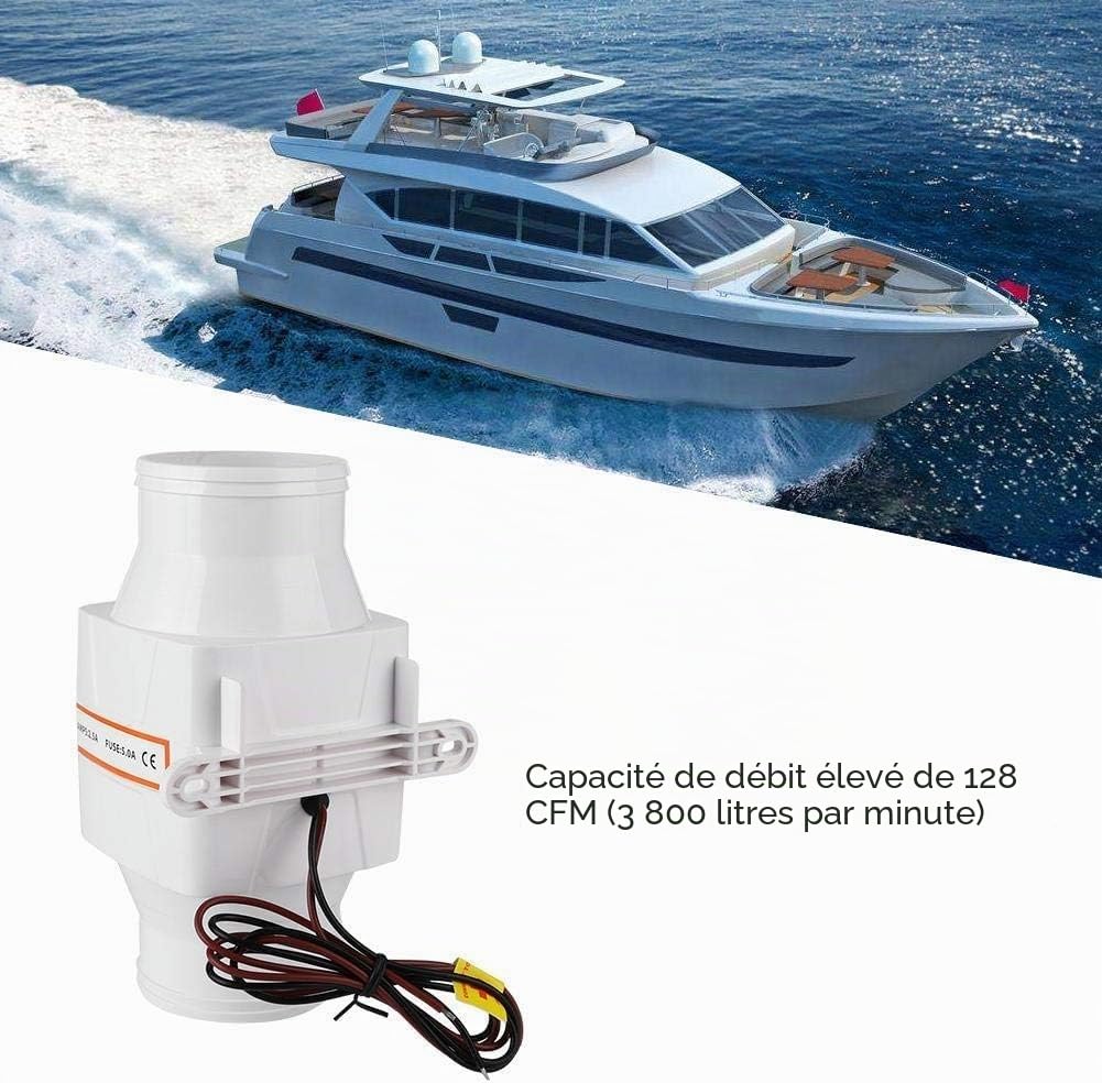 Ventilateur d'air 12 V/24 V , ventilateur d'air de cale marin en ligne de 3 pouces, ventilateur de ventilation puissant, pour bateau de yacht RV, blanc(12V)