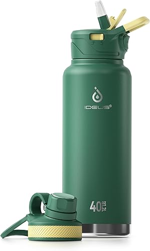 IDEUS Botella de agua aislada de acero inoxidable con 2 tapas a prueba de fugas, termo para senderismo, ciclismo, 40 onzas, verde