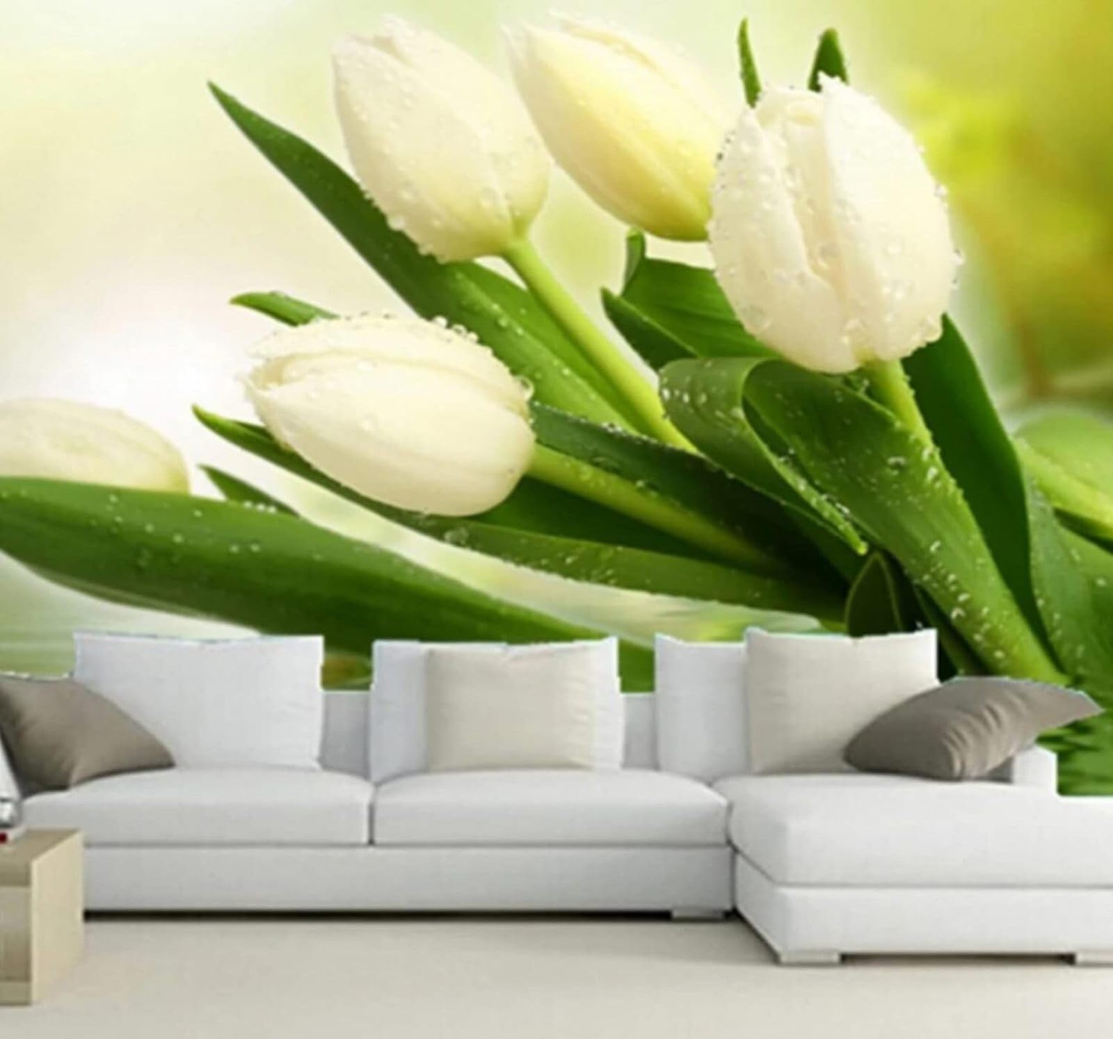 XLMING Fresh Three Dimensional Beautiful White Tulip 3D Wallpaper Luxury Home Dining Decor Paste Sofa Living Room The Wall for Bedroom Mural-150cm×105cm