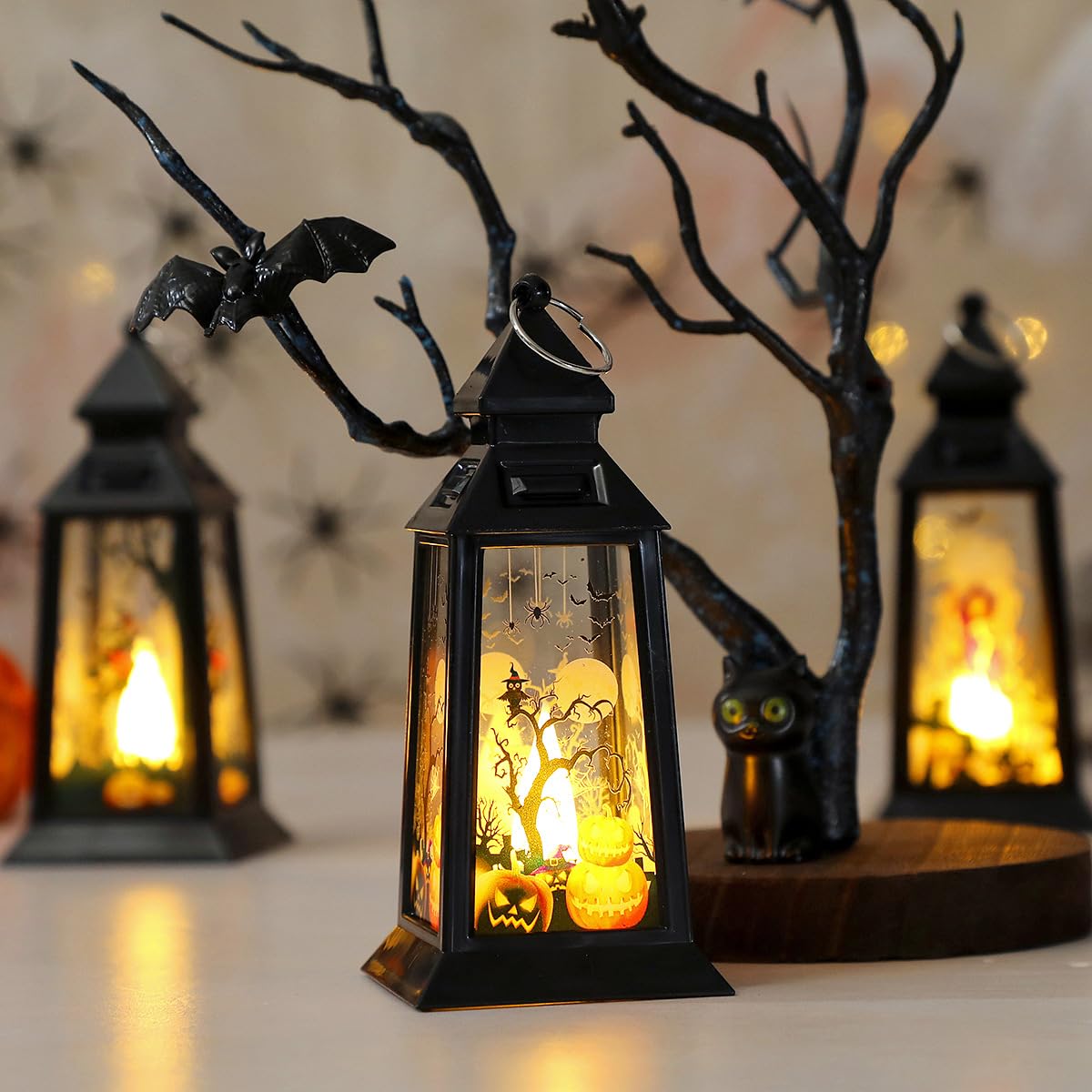 Halloween Decor Black Lantern Lights Mini Halloween Pumpkin Ghost Witch Bat Tree Candle Lantern for Indoor Outdoor Table Decorations (Pumpkin Lights) - Image 2