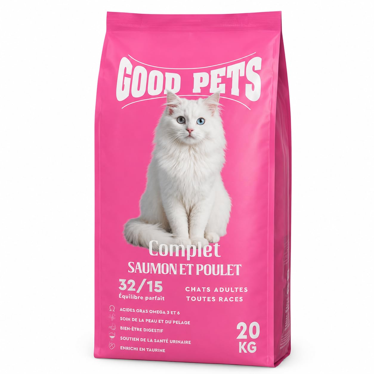 Good Pets Complet Pienso para Gatos Adultos 20 kg, Salmón y Pollo, Fórmula 32/15, Alimento Completo para Todas Las Razas, con Taurina y Omega 3 y 6