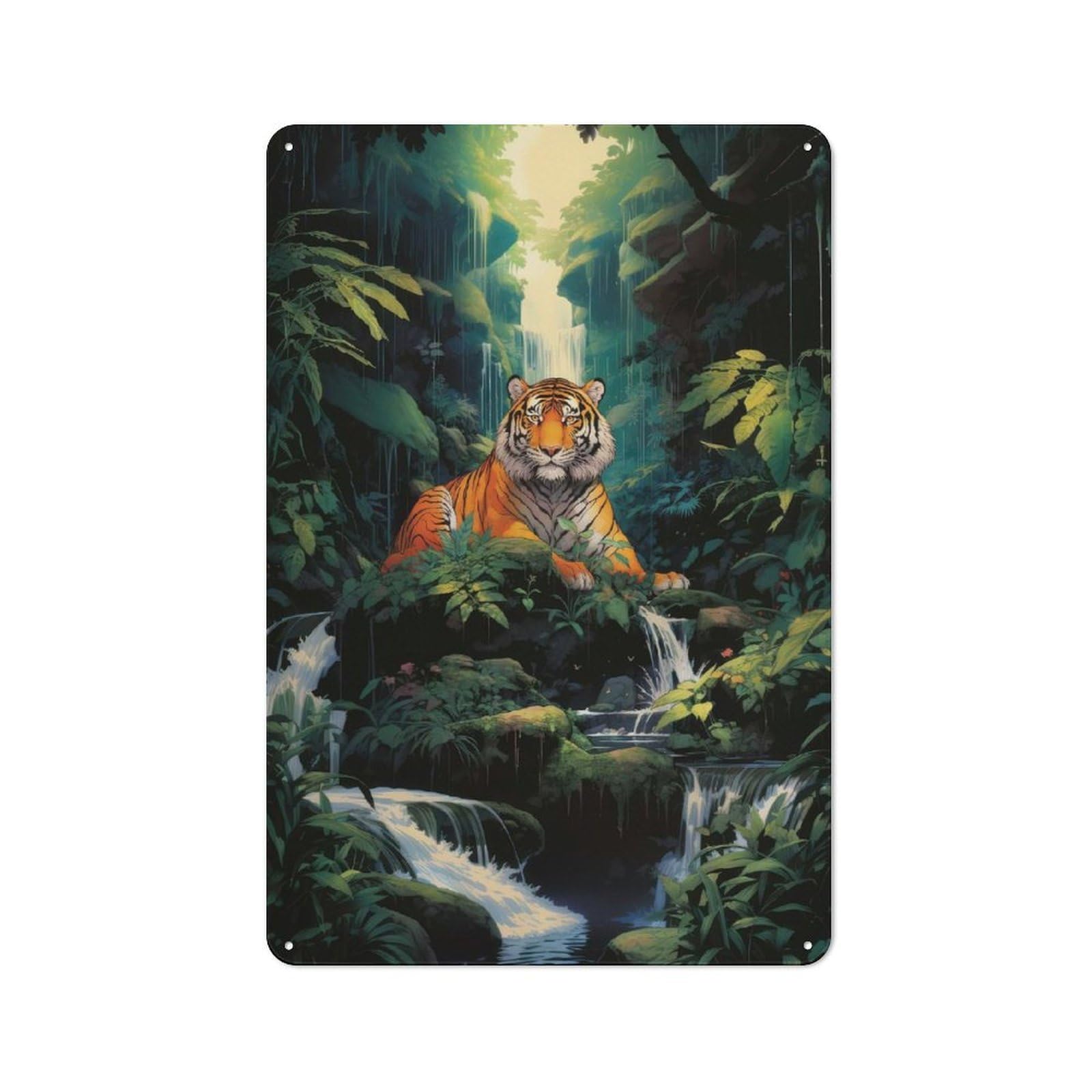 Metal Wall Sign with A Tiger at The Waterfall Design 30x20cm, Vintage Industrial Wall Art for Workshop, Basement, Shed Or Games Room