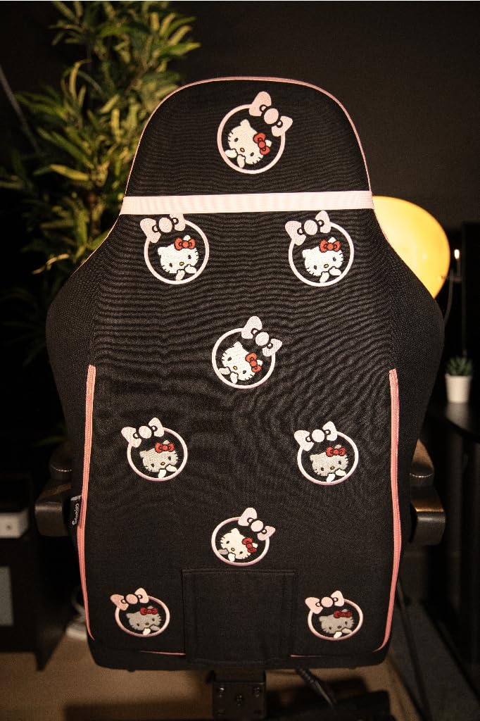 Konix Hello Kitty Gaming Bürostuhl - Sitzneigung 150° - Stoffbezug - Holz- und Metallgestell - Kissen - Fußstütze - Schwarz und Pink