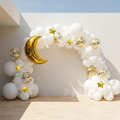 Miniatura 3 de Kit de guirnalda de globos blancos 131 globos blancos con globos de luna y estrella, perfecto para decoraciones de baby shower de estrellas