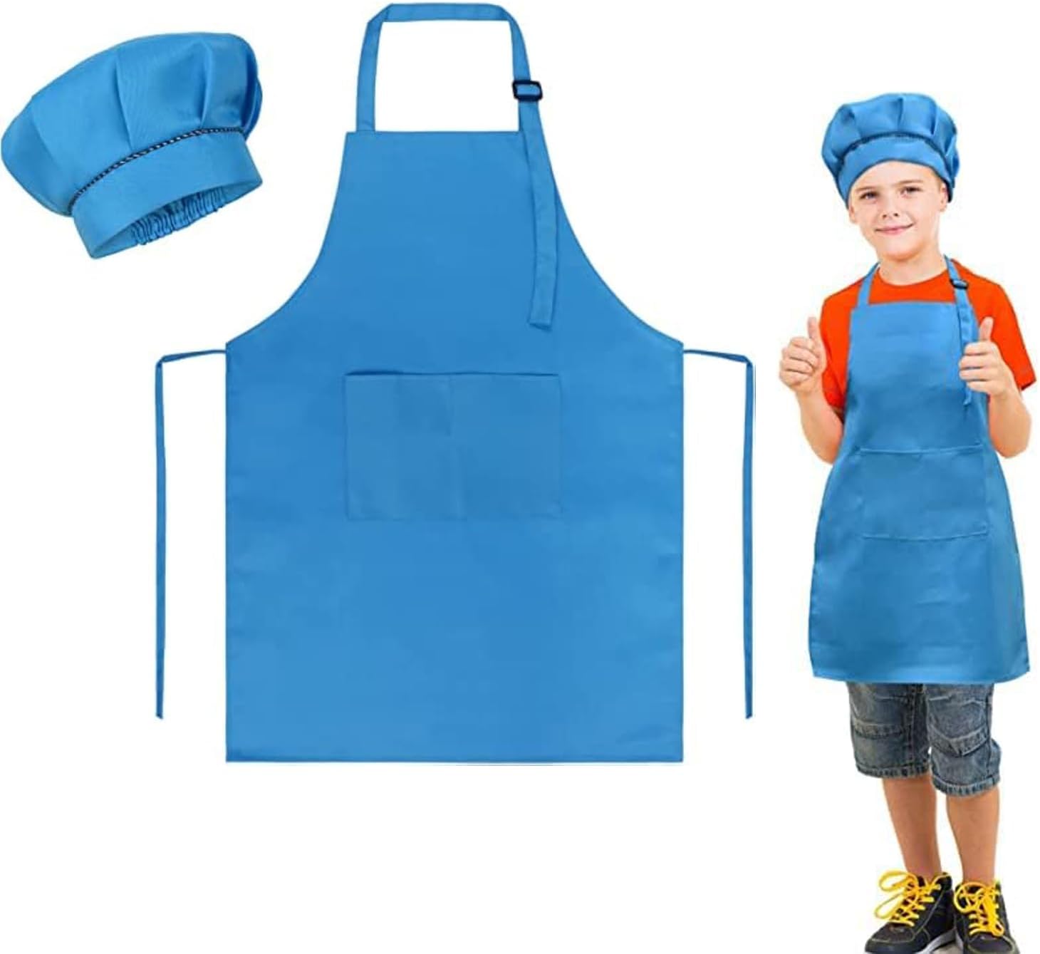 Kids Apron and Hat Set, Adjustable Cotton Child Aprons with Large Pocket Blue Girls Boys Kitchen Bib Aprons, Children Chef Apron for Cooking Baking Painting (Blue)
